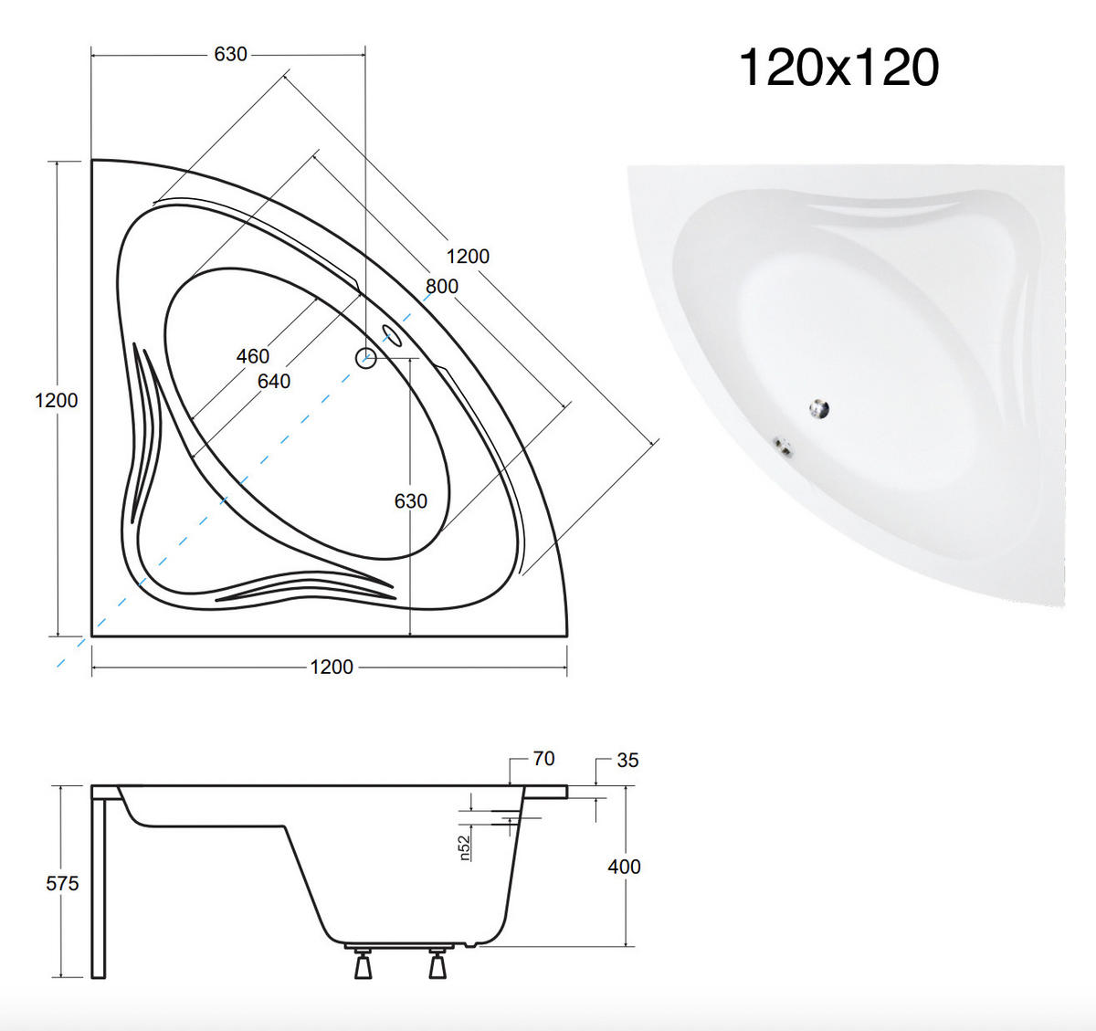 BADEWANNE Eckwanne MIA 120/120 mit Schürze Ablauf Füße - Weiß, Kunststoff (120/57.5/120cm) - bad land