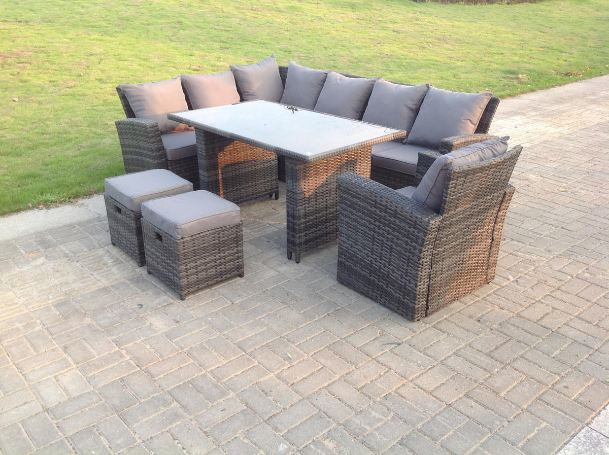 GARTEN-ECKSOFAGARNITUR mit Esstisch Polyrattan 9-Sitzer - Dunkelgrau/Grau, Glas/Kunststoff - Fimous