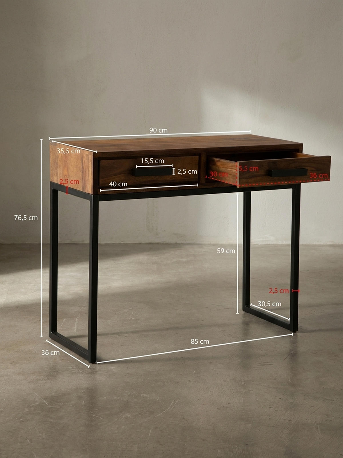 KONSOLENTISCH – Massivholz/Metall, schwarz, mit Schubladen, Industrial-Stil - Schwarz/Braun, Holz/Metall (36/90/77cm) - KADIMA DESIGN