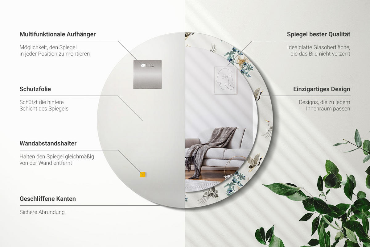 SPIEGEL Rund Ø 80 cm mit Aufdruck - Multicolor, Glas (80/80/0.4cm) - Wallfluent