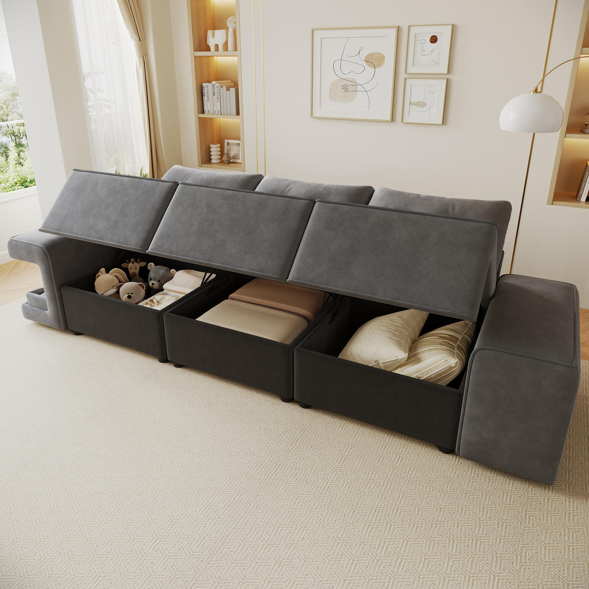 SOFA Grau 3 Sitzer Stauraum breite Armlehnen Kissen - Grau, Textil (78/84/229.5cm) - FLIEKS