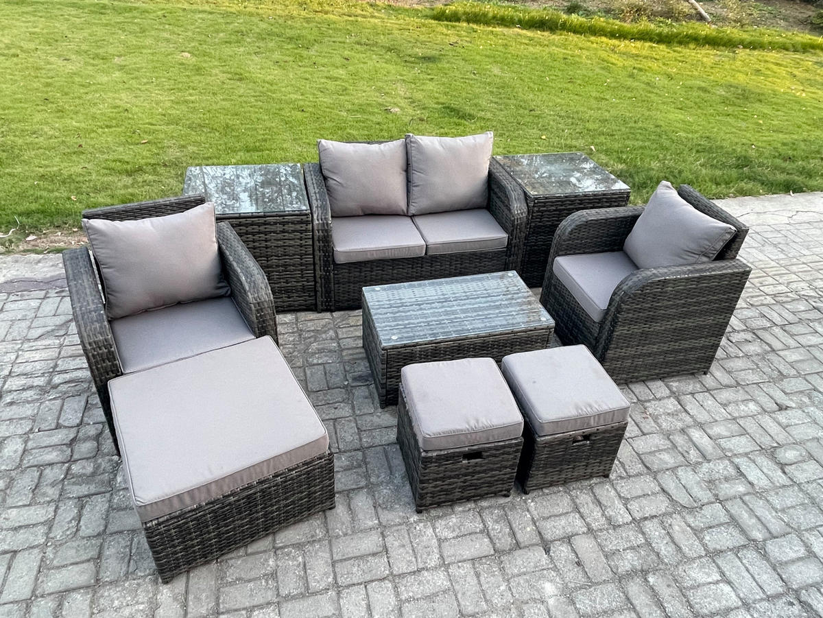 GARTENLOUNGE-SET Polyrattan Dunkelgrau 7-Sitzer - Dunkelgrau, Metall - Fimous