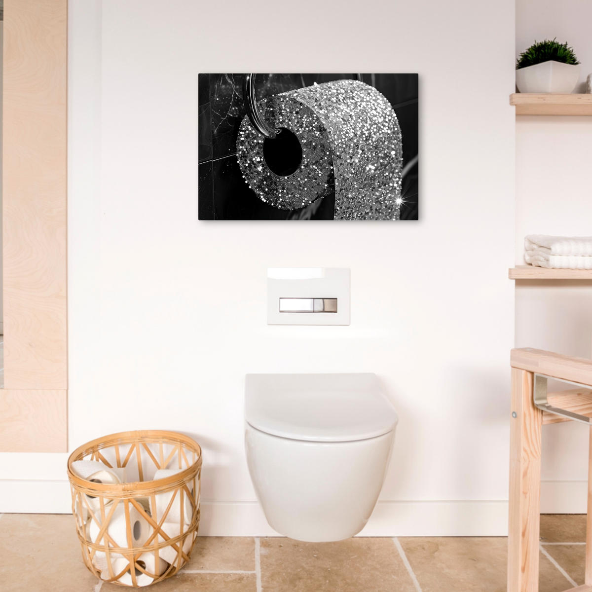 LEINWANDBILD WC - Toilettenpapier - Schwarz und weiß - Glitter Gemälde 60x40 cm - Silberfarben, Textil (60/40cm) - MuchoWow