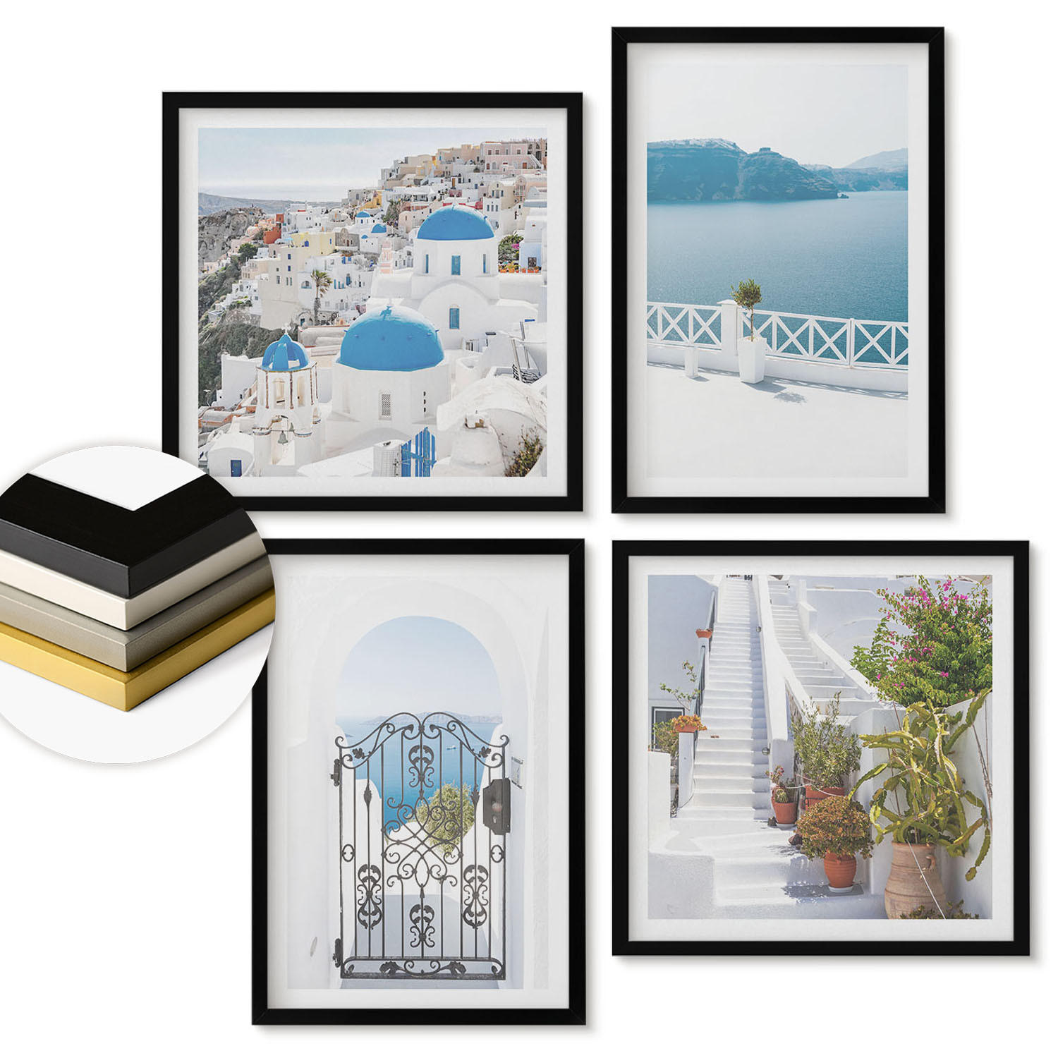 WANDBILDER 4er-Set - 50x50 cm & 40x60 cm Schwarzer Rahmen - Weiße Treppenpflanzen Meer - Schwarz, Kunststoff (50/50cm) - ArtPrintCave