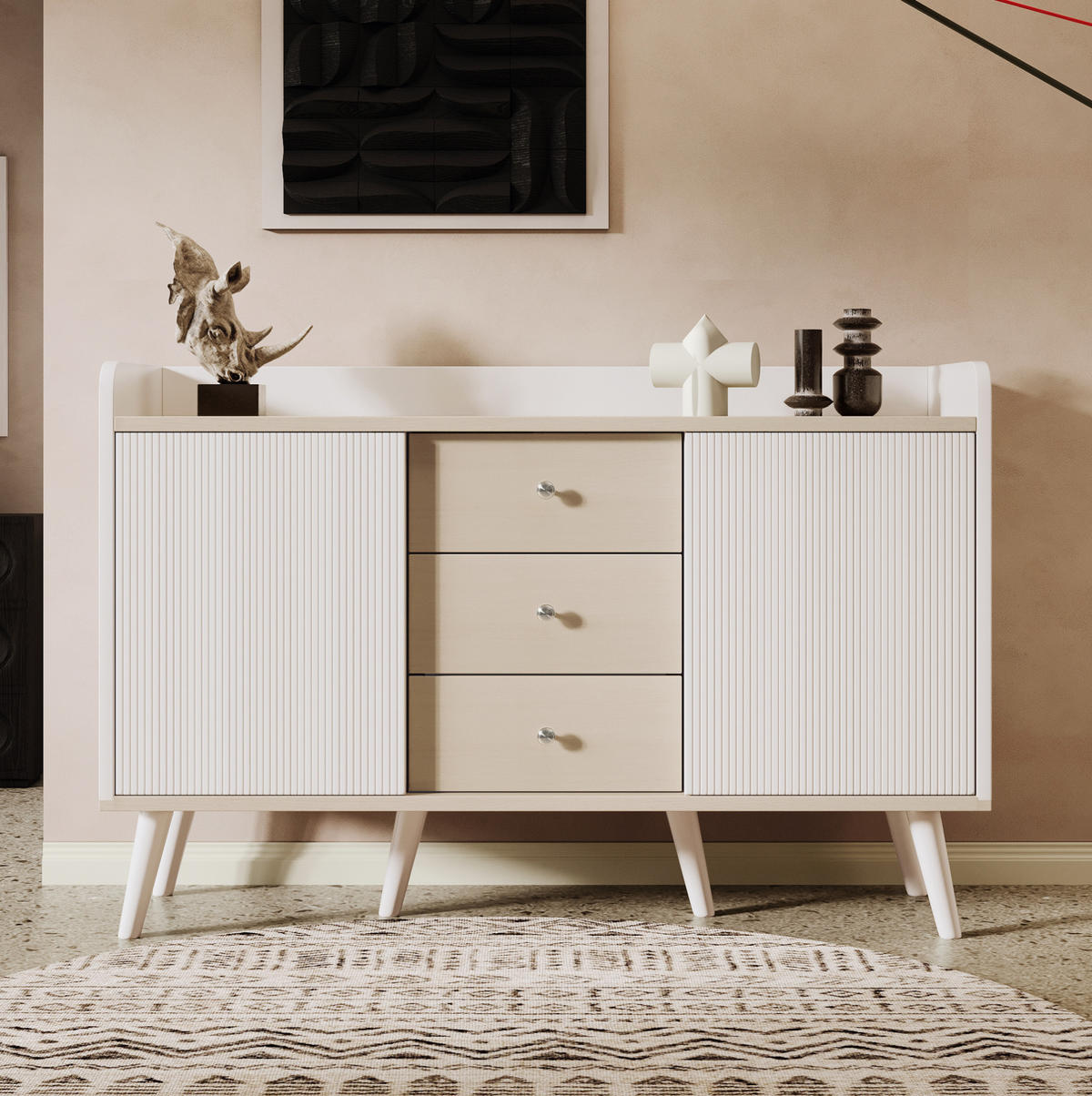 SIDEBOARD 117,5/39,5/79 cm mit 2 Schiebetüren & 3 Schubladen in Weiß/Holz - Weiß, Holzwerkstoff (117/80/70cm) - BEAOK