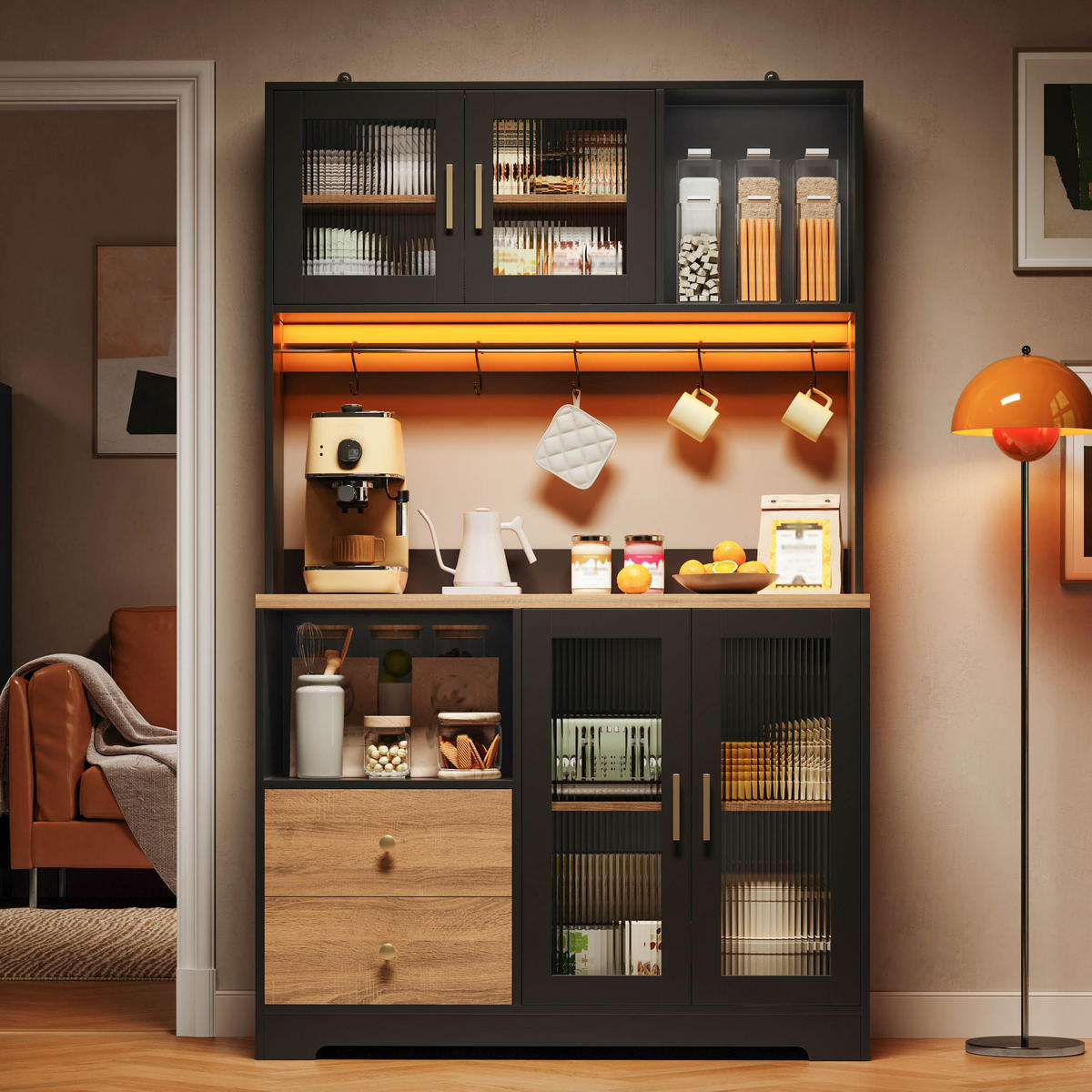 BUFFET 178 cm MDF Schwarz Holzoptik mit RGB-LED und Weinregal - Schwarz, Holzwerkstoff (40/178/110cm) - Korfee