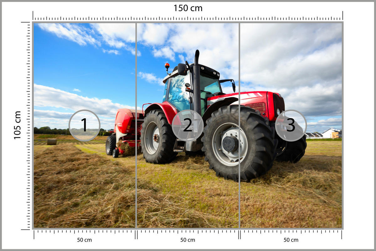 FOTOTAPETE Roter Traktor Feld Ernte Landwirtschaft Rustikal 150x105 - Gelb/Rot, Papier (150/105cm) - Muralo