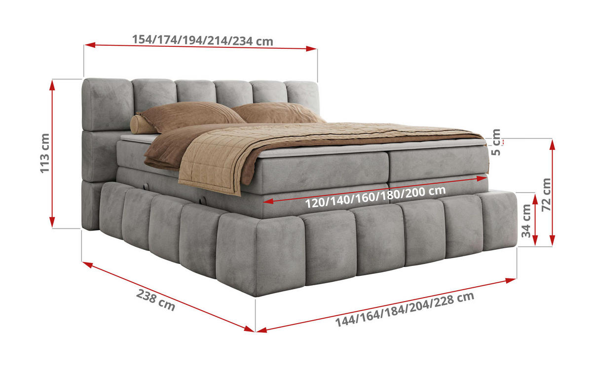 BOXSPRINGBETT NIRA KING 120/200 Hellgrau Velvet - H4 - Hellgrau, Holz/Textil (120/200cm) - MKS