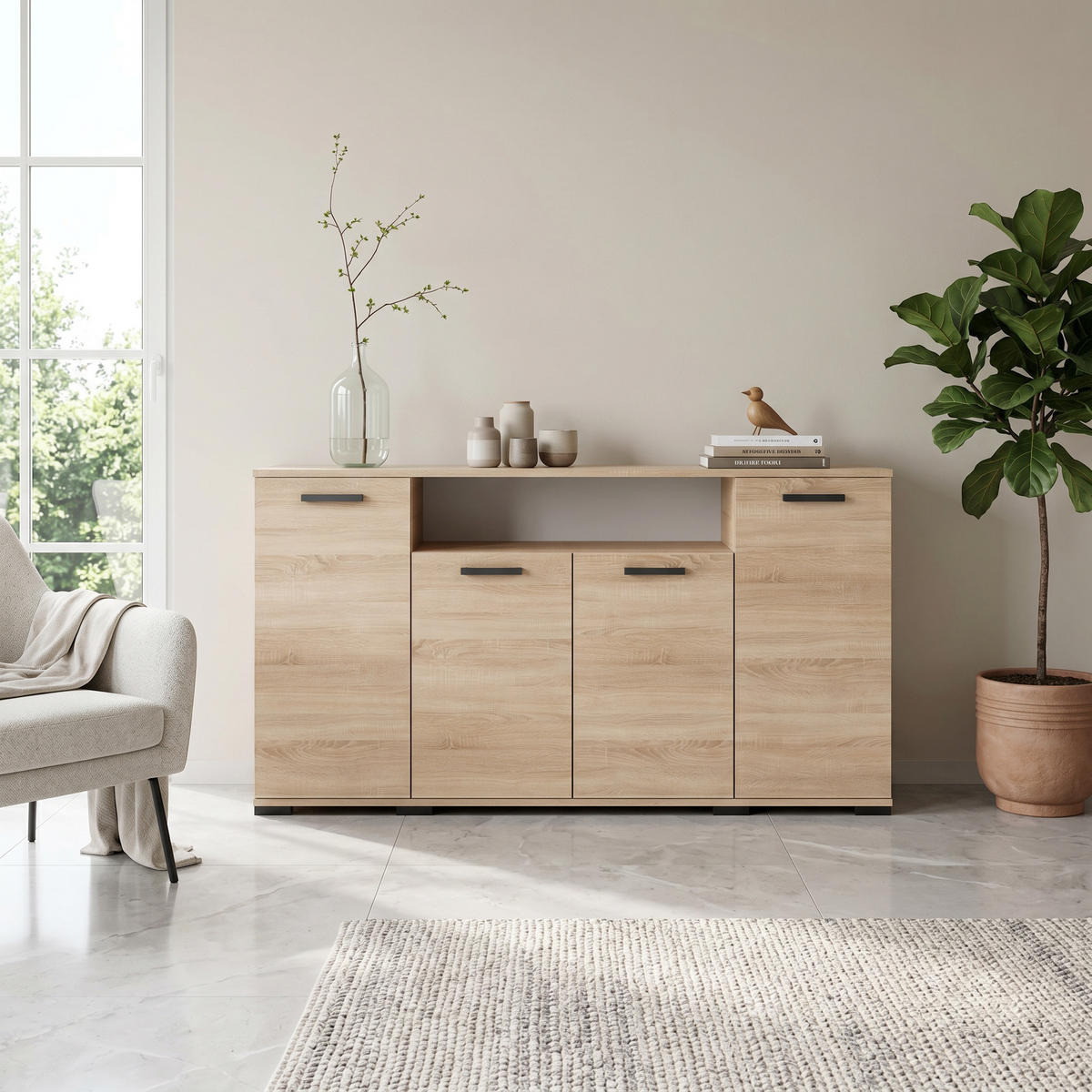 KOMMODE ALBANO 160/83/40cm mit 4 Schubladen Türen Sonoma Eiche - Sonoma Eiche, Holzwerkstoff (160/83/40cm) - MASSENO
