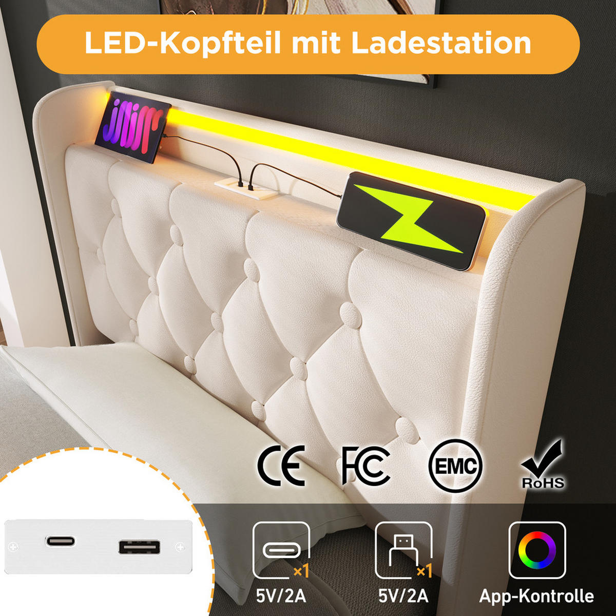 POLSTERBETT 90X200 cm mit LED Kopfteil und USB C Stauraum - Weiß, Holz (90/200cm) - FLIEKS