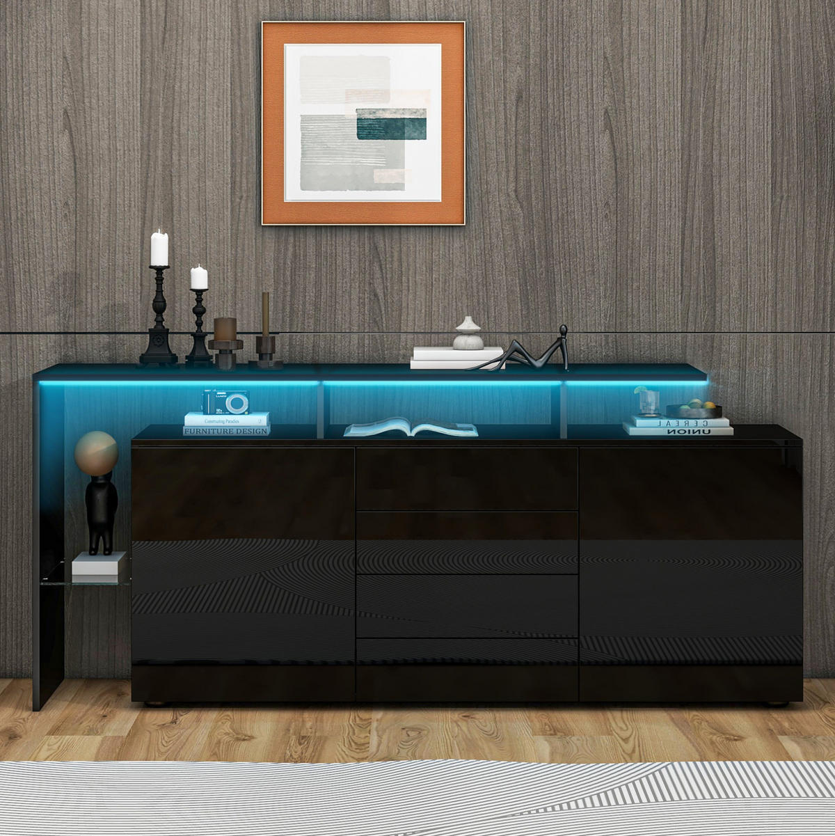 SIDEBOARD mit LED 160 cm Schwarz Hochglanz - Schwarz, Holzwerkstoff (160/70/35cm) - Meubliv