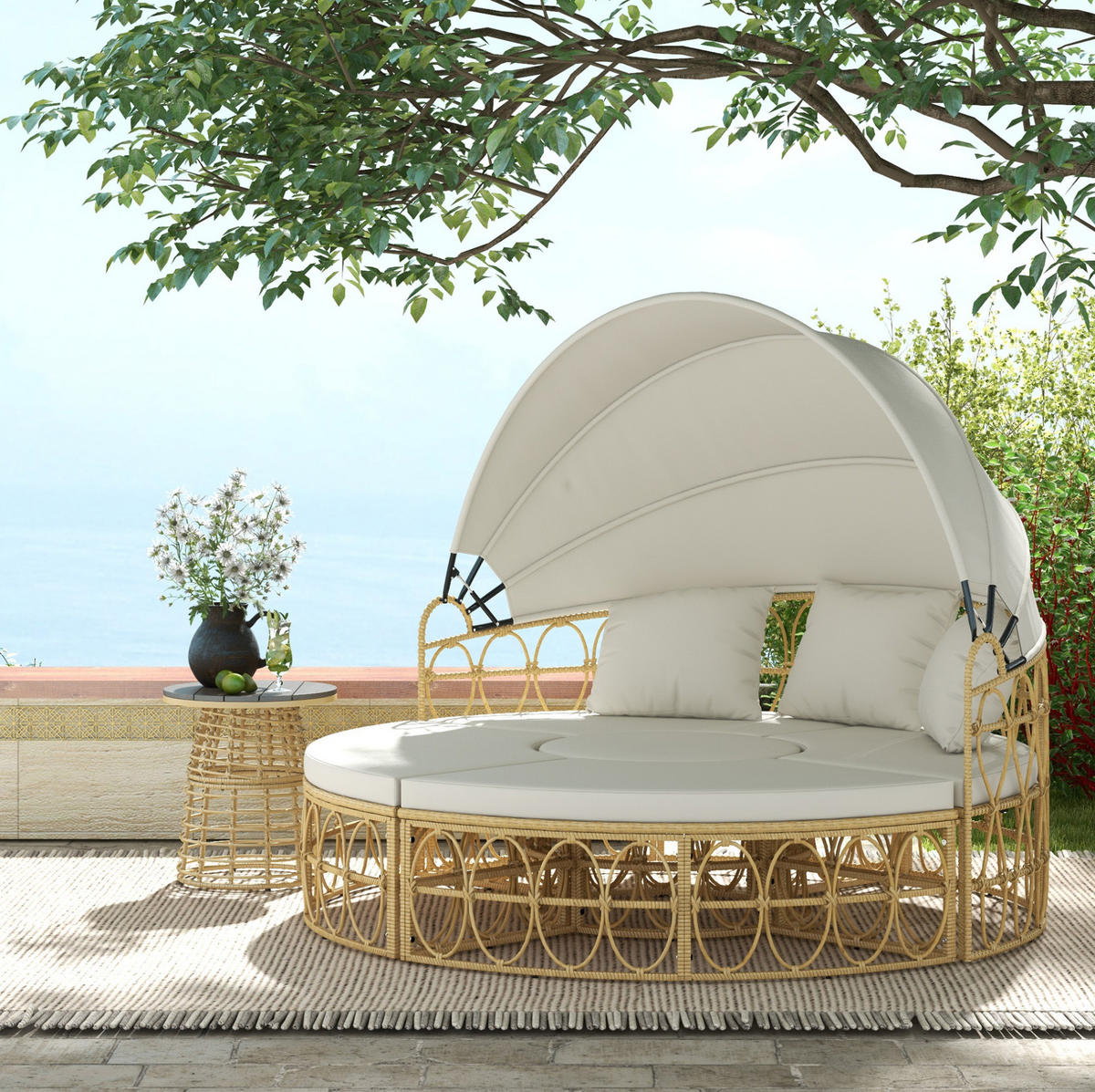 GARTENLOUNGE 178/85/66,5 cm cremeweiß aus Rattan mit Sonnendach - Weiß, Naturmaterialen - OKWISH