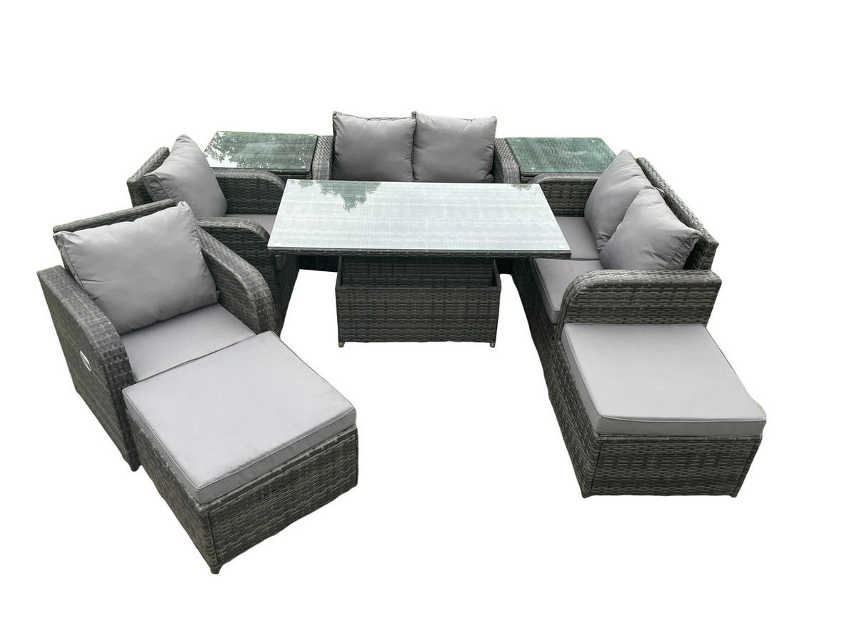 GARTENSOFA SET Polyrattan Dunkelgrau 8-Sitzer - Dunkelgrau/Grau, Metall - Fimous