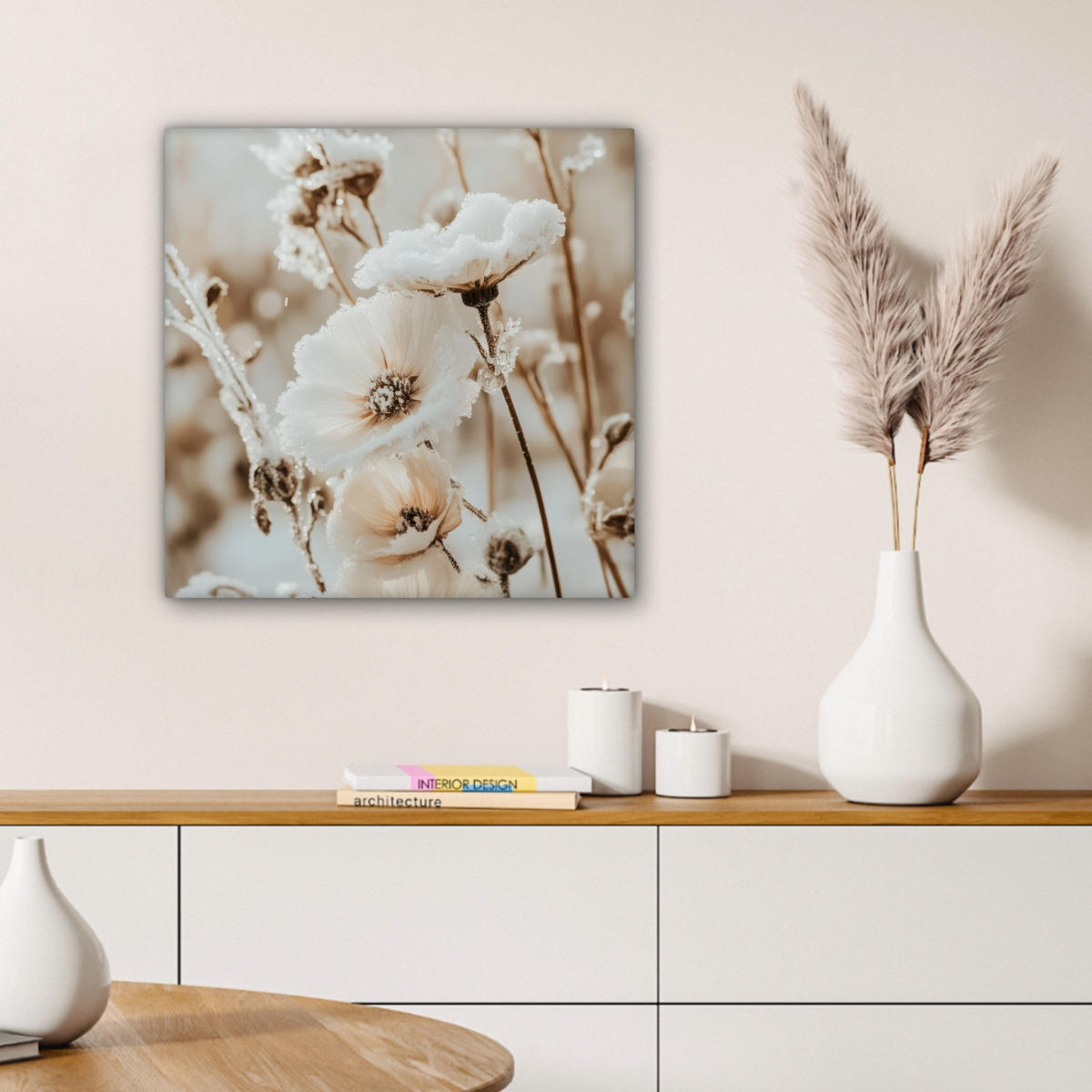 LEINWANDBILD Blumen - Winter - Weiß - Schnee - Beige 50x50 cm - Creme, Textil (50/50cm) - MuchoWow