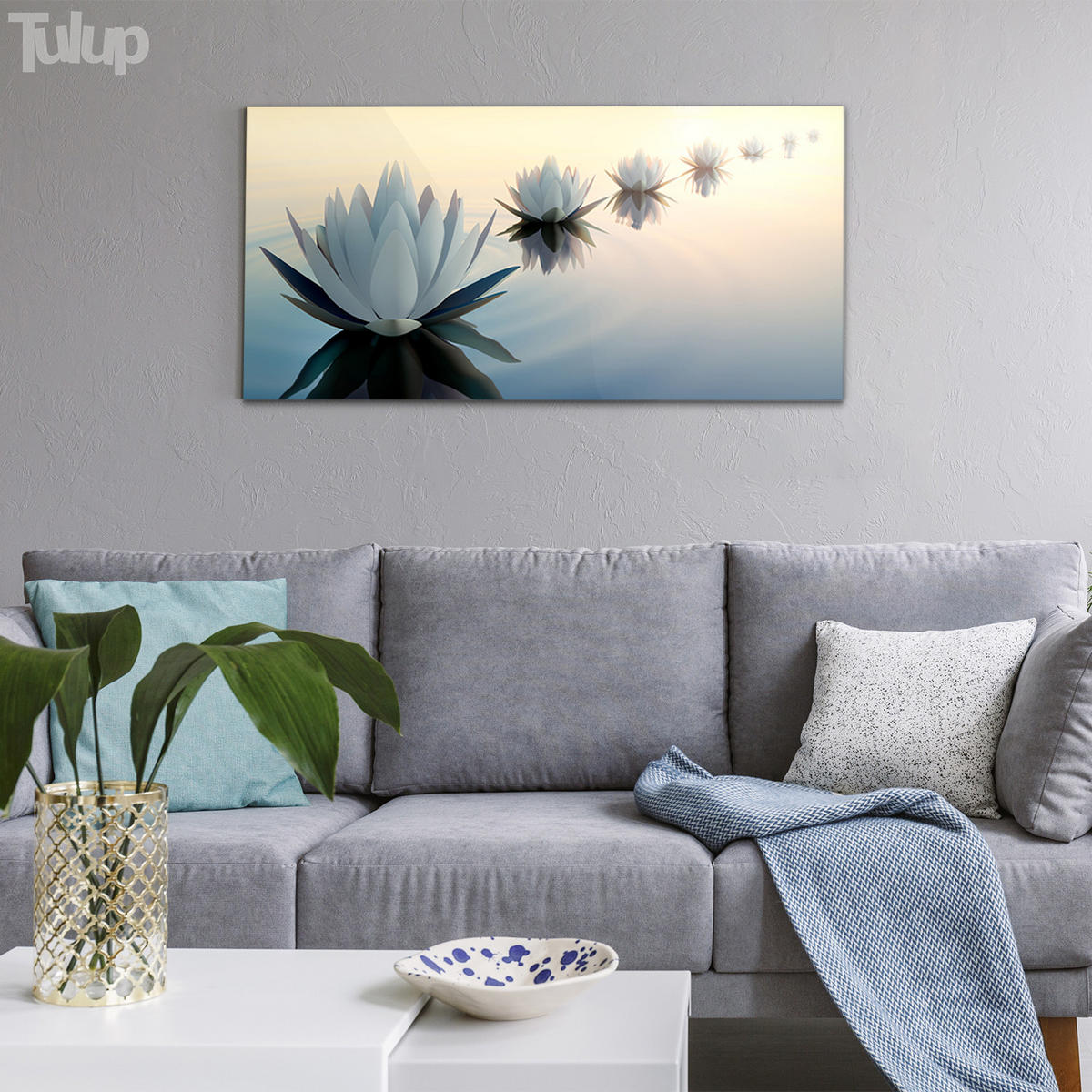 GLASBILD 120x60 cm Lotosblume - Creme/Hellblau, Glas (120/60cm) - TULUP