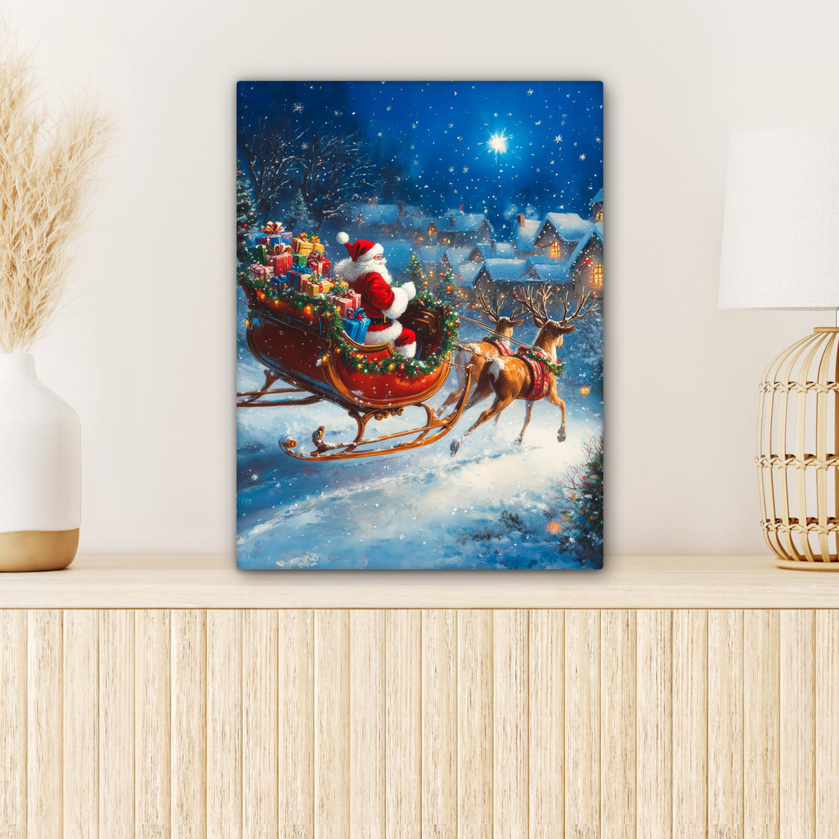 LEINWANDBILD Weihnachtsmann - Rentier - Weihnachten - Schnee Room Decor 30x40 cm - Cognac, Textil (30/40cm) - MuchoWow