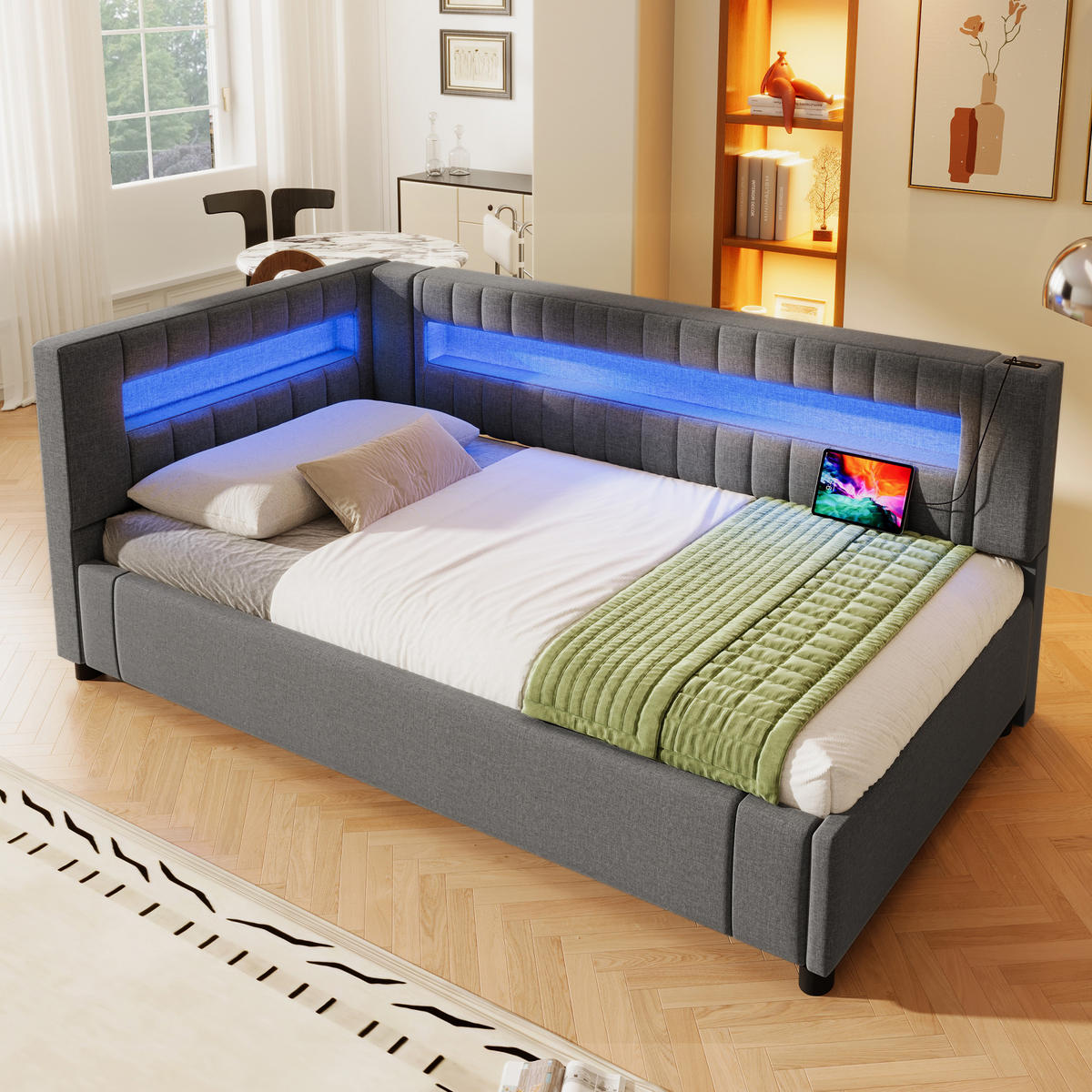 TAGEBETT 90x200cm Grau LED-Licht Hydraulik USB Leinen - Grau, Holz (90/200cm) - FLIEKS