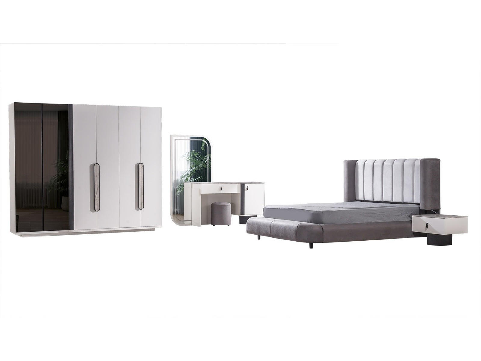 BETTANLAGE Barcelona Typ-1 Bett mit Kopfteil, 2 Nachttische, Kleiderschrank und Kommode - Anthrazit, Holzwerkstoff (160/200cm)