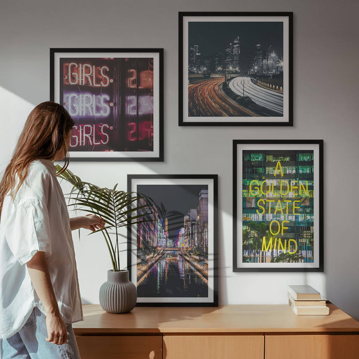 WANDBILDER 4er-Set - 50x50 cm & 40x60 cm Schwarzer Rahmen - Neonreklamen in der Stadt bei Nacht - Schwarz, Kunststoff (50/50cm) - ArtPrintCave