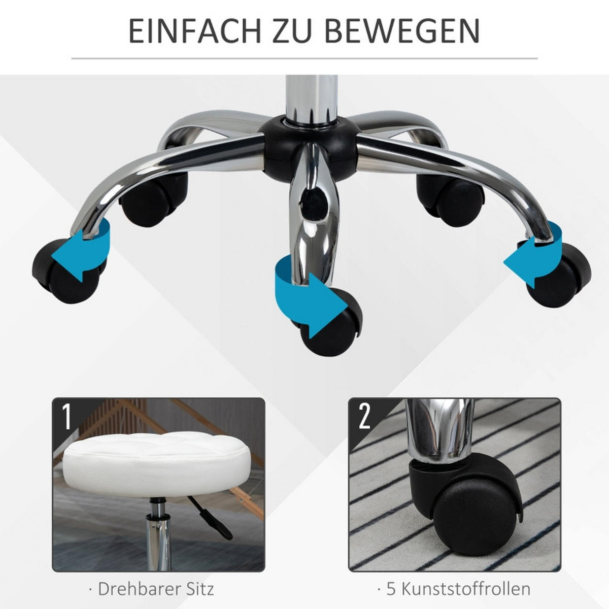 ROLLHOCKER höhenverstellbar Kunstleder Rollen Weiß - Weiß, Metall (35.5/67/35.5cm) - SHOPENTRA