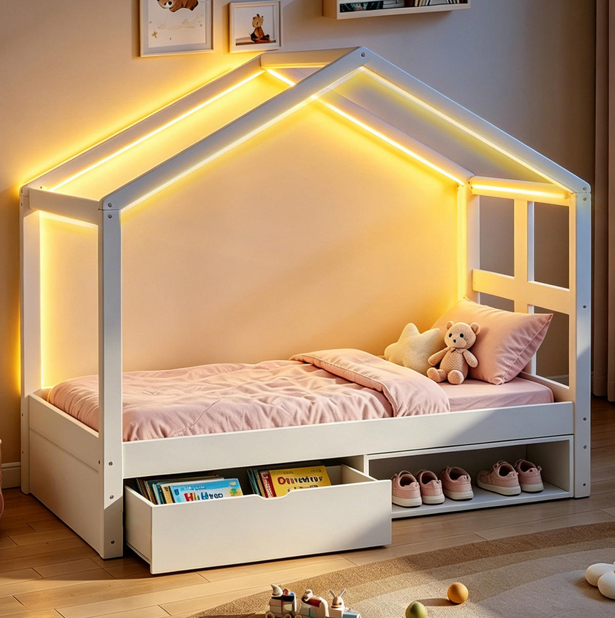 JUGENDBETT 90/190 cm aus Kiefernholz mit Schublade Schuhschrank und LED-Beleuchtung Weiß - Weiß, Holz (90/190cm) - Modenvie