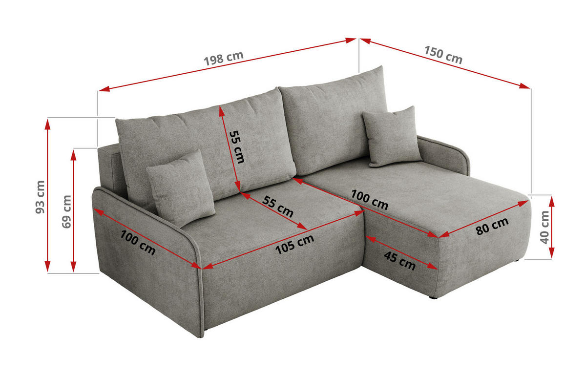 ECKSCHLAFSOFA ARPA L Hellgrau Struktur - links - Hellgrau/Schwarz, Kunststoff/Textil (198/150cm) - MKS