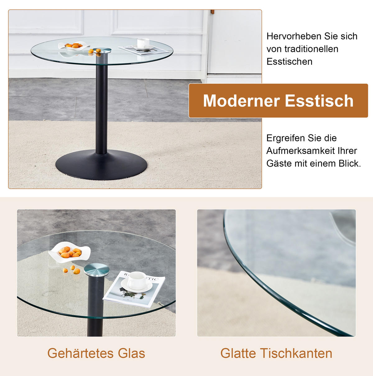 ESSZIMMERTISCH-SET mit 2 Stühlen 85 cm Glas Schwarz/Weiß - Schwarz, Metall (85/76/85cm) - Meubliv