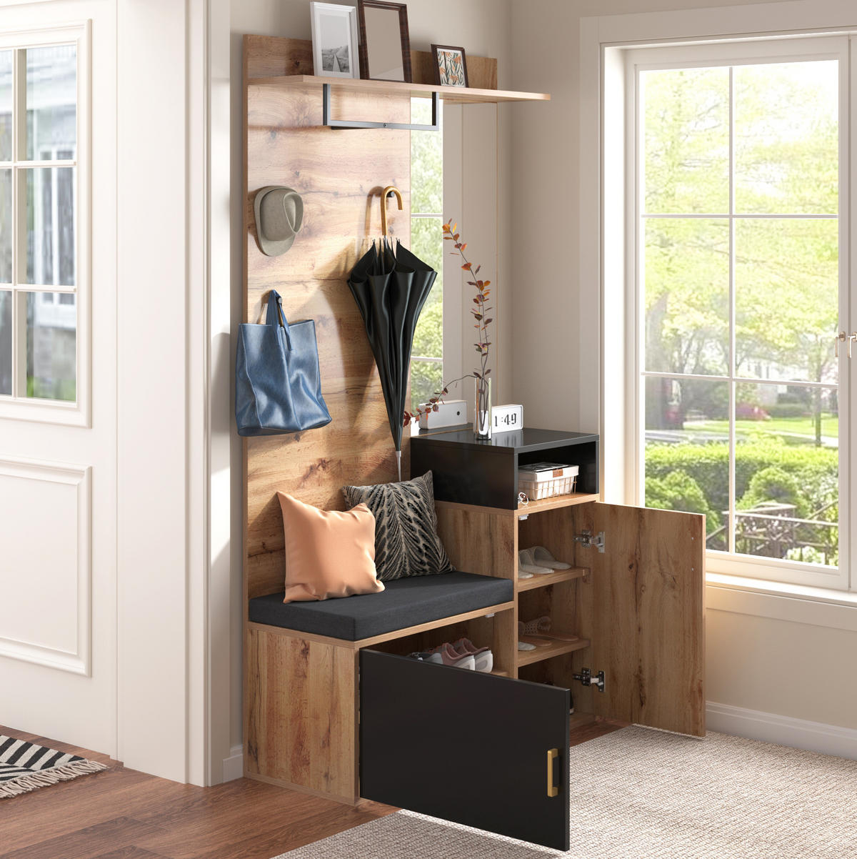 SCHUHSCHRANK aus MDF & Spanplatte 104x38.5x190cm in Schwarz mit Spiegel - Schwarz, Holzwerkstoff (104/190/38.5cm) - Modfu