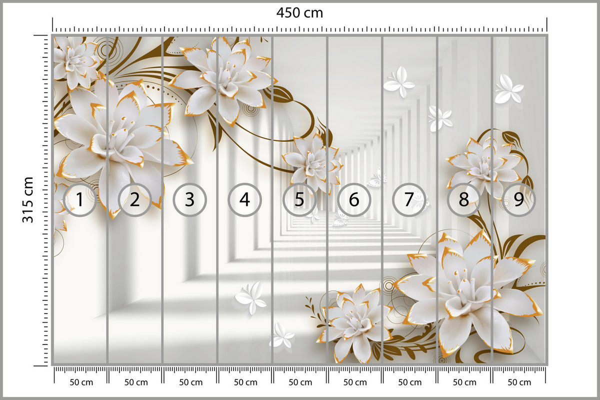 FOTOTAPETE für Wohnzimmer Abstrakter Blumen Tunnel Schmetterlinge 450x315 - Beige/Orange, Papier (450/315cm) - Muralo