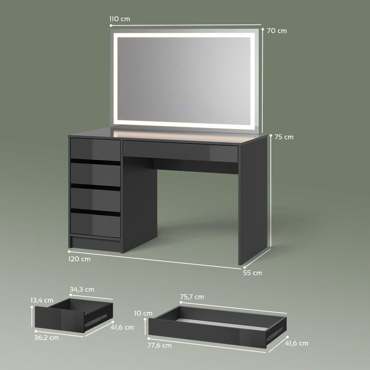 SCHMINKTISCH Imola Anthrazit 120 cm mit LED-Spiegel - Anthrazit, Holzwerkstoff (120/75/55cm) - Livinity®