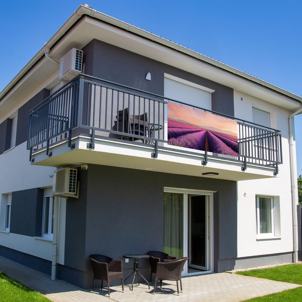 BALKON-SICHTSCHUTZ Lavendelfeld - Sonnenuntergang - Lila - Blumen - Violett, Kunststoff (200/110cm) - MuchoWow