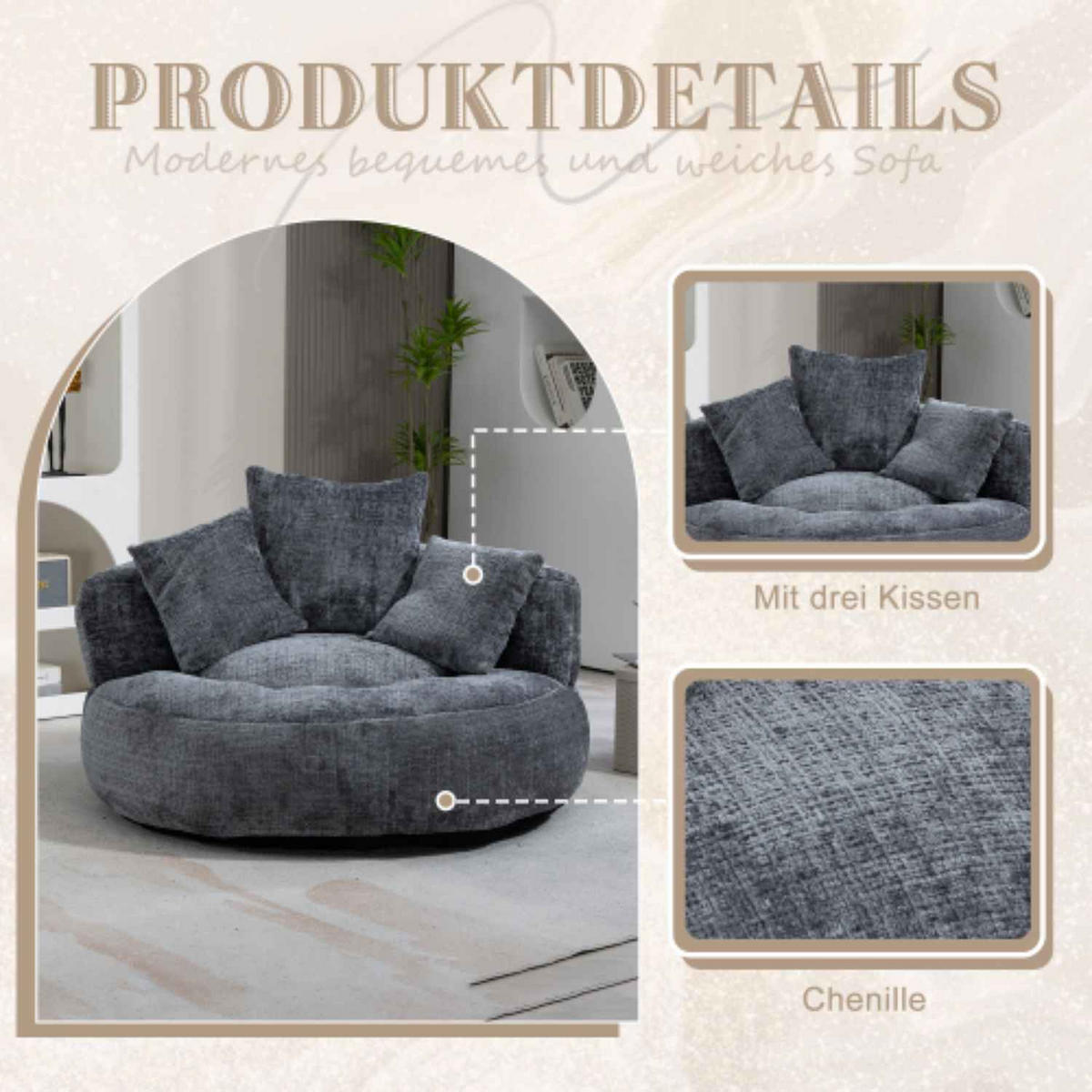 SESSEL Sitzsack Chenille grau 108/108/52 cm für Erwachsene mit Armlehnen - Grau, Textil (108/52/108cm) - OKWISH