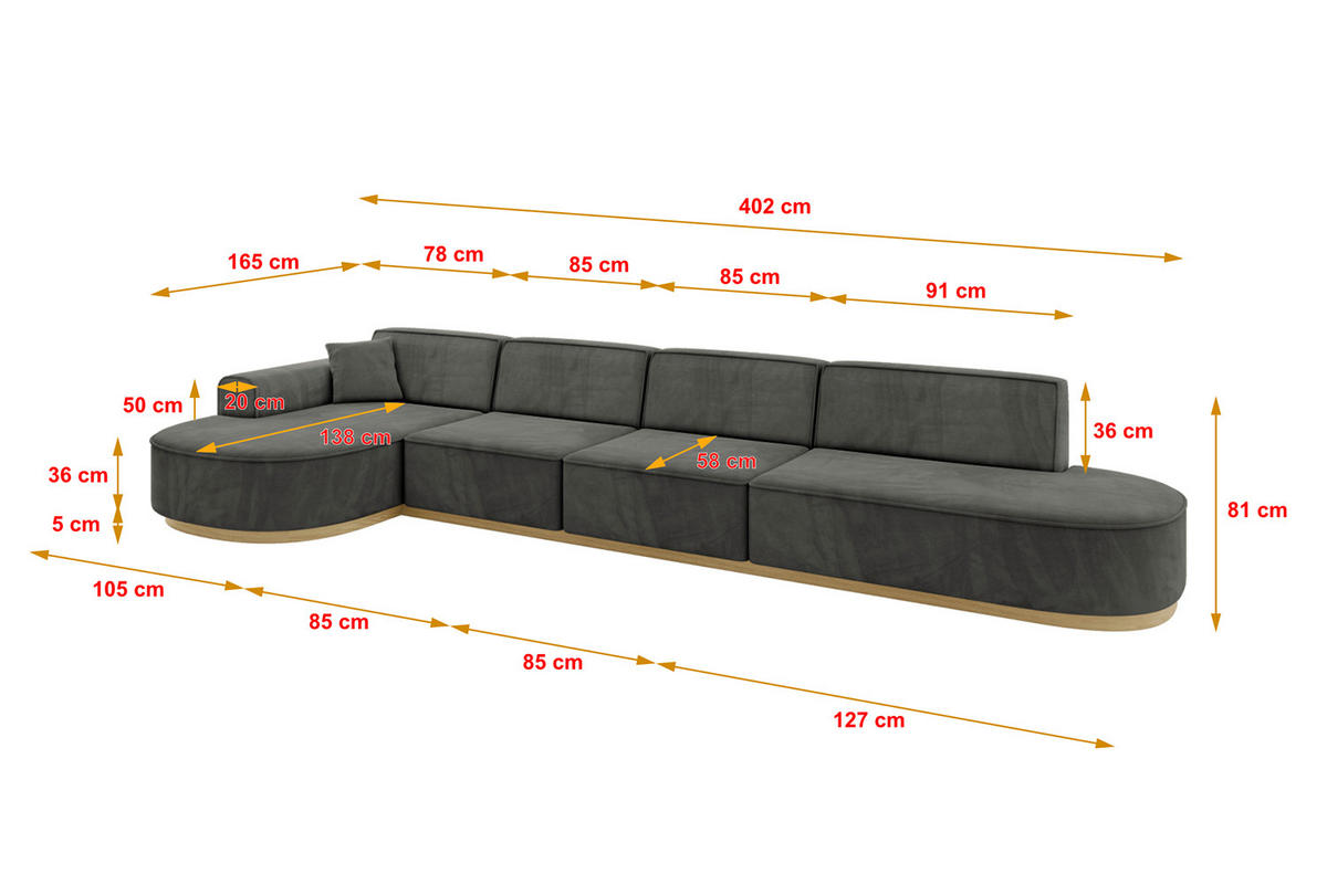ECKSOFA Ottomane Links MARI-L3-v2 - 413x171x83 cm Dunkelgrau Velours - Dunkelgrau, Holzwerkstoff/Textil (413/171cm) - ALTDECOR