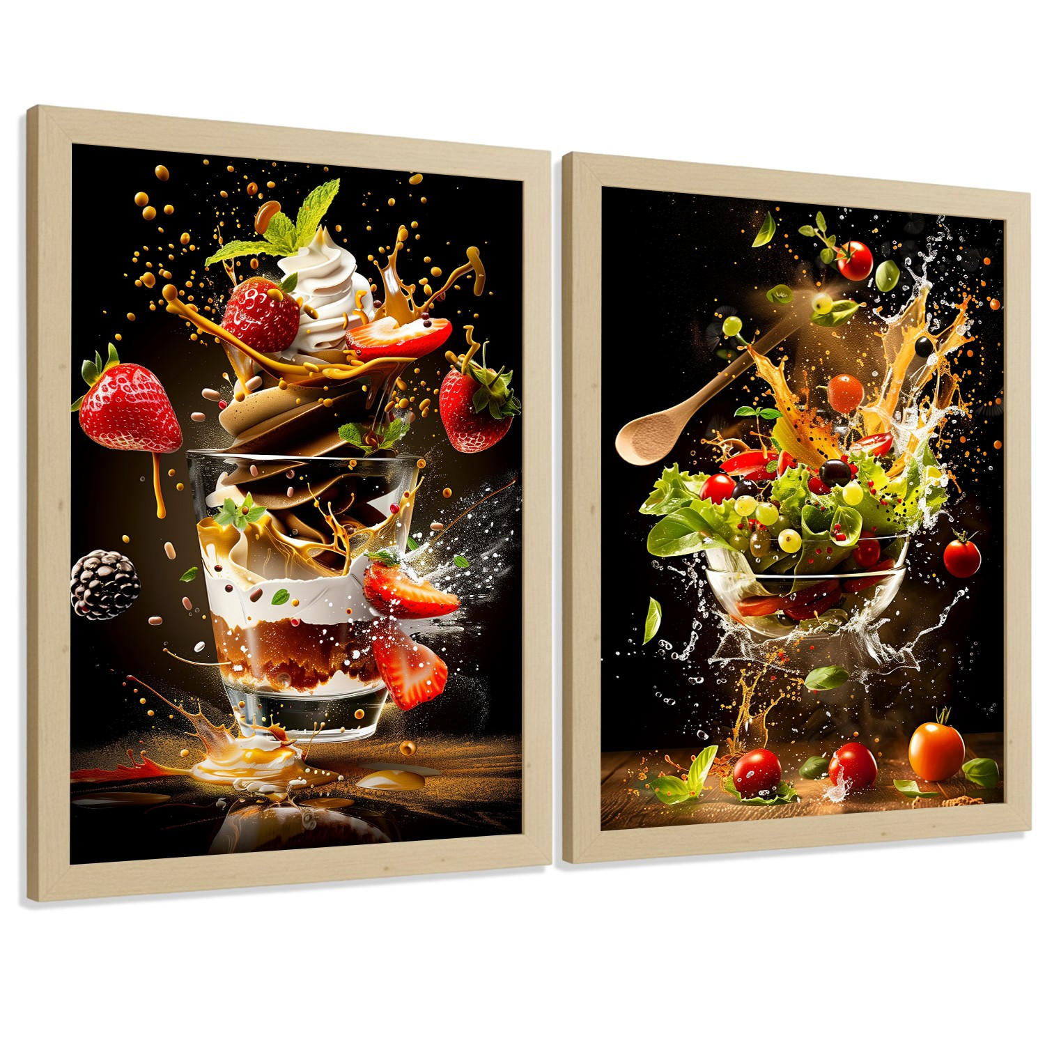 POSTER 2er Set Küchen-Wandbilder Erdbeer-Dessert und Salat Splash Fotografie Schwarzer Hintergrund Deko Rahmenlos A4 - Klar, Papier (29.7/1/21cm) - Nacnic