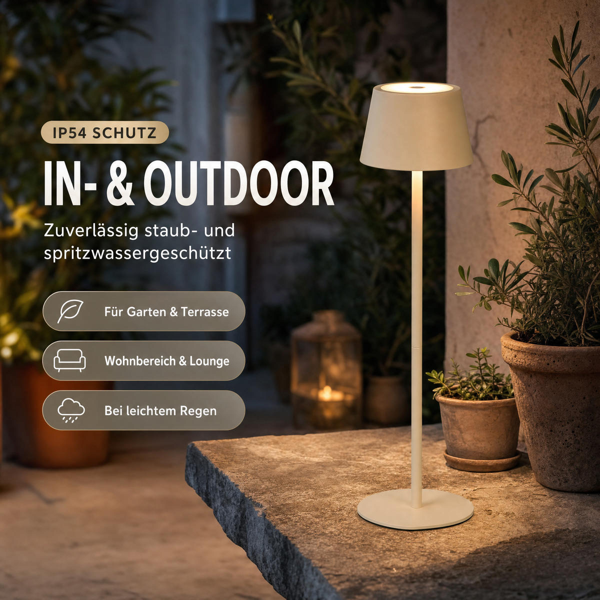 LED-TISCHLAMPE Akku 3-in-1 Beige dimmbar Flaschenaufsatz 26/45 cm Touch IP54 - Beige, Kunststoff (11/11/45cm) - Northpoint