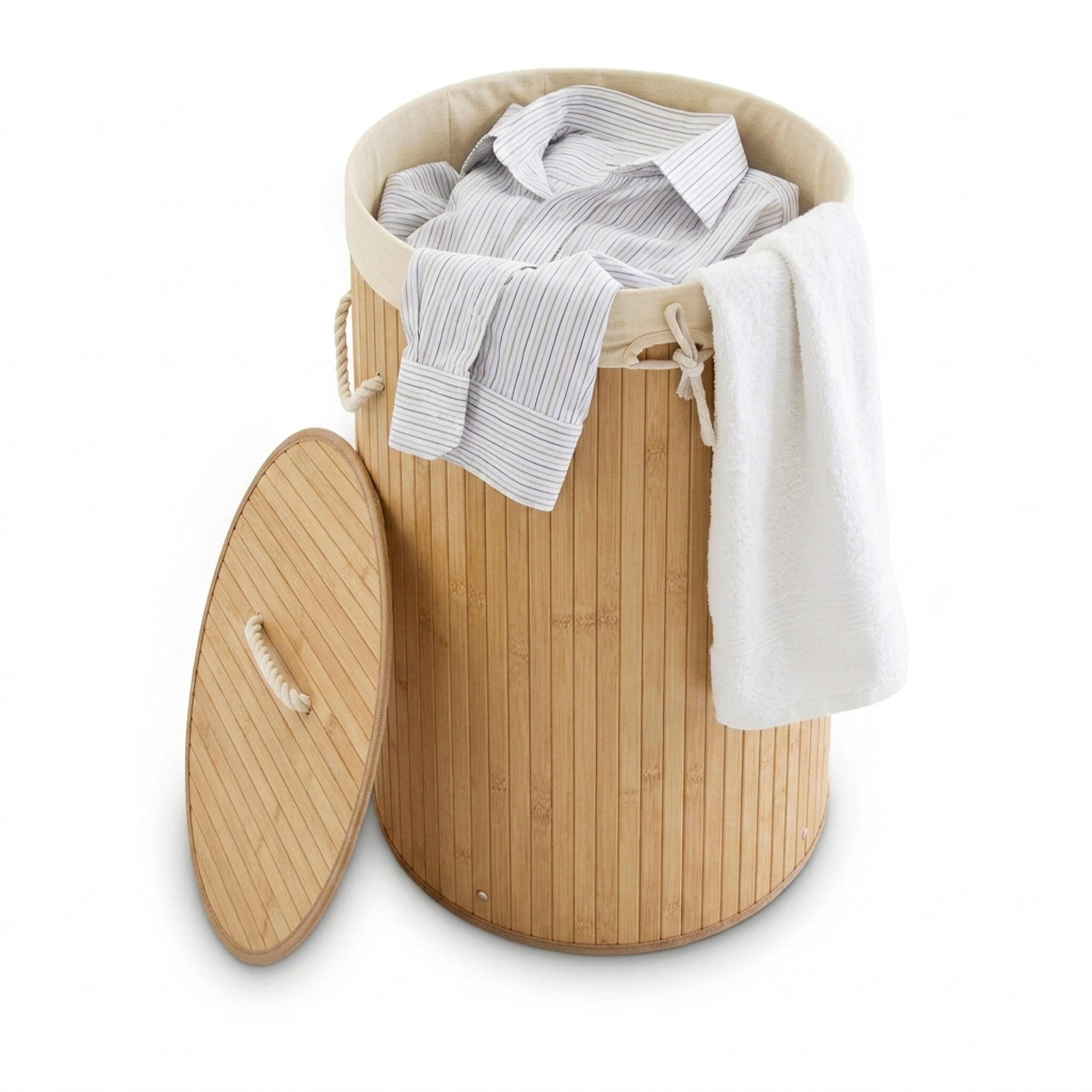 KOŠARA ZA RUBLJE prirodna bambus okrugla s poklopcem sklopiva 70 l - svijetlo smeđa, drvo/tekstil (41/65/41cm) - Relaxdays