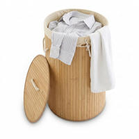TVÄTTKORG natur bambu rund med lock hopfällbar 70 l - Ljusbrun, Trä/Textil (41/65/41cm) - Relaxdays
