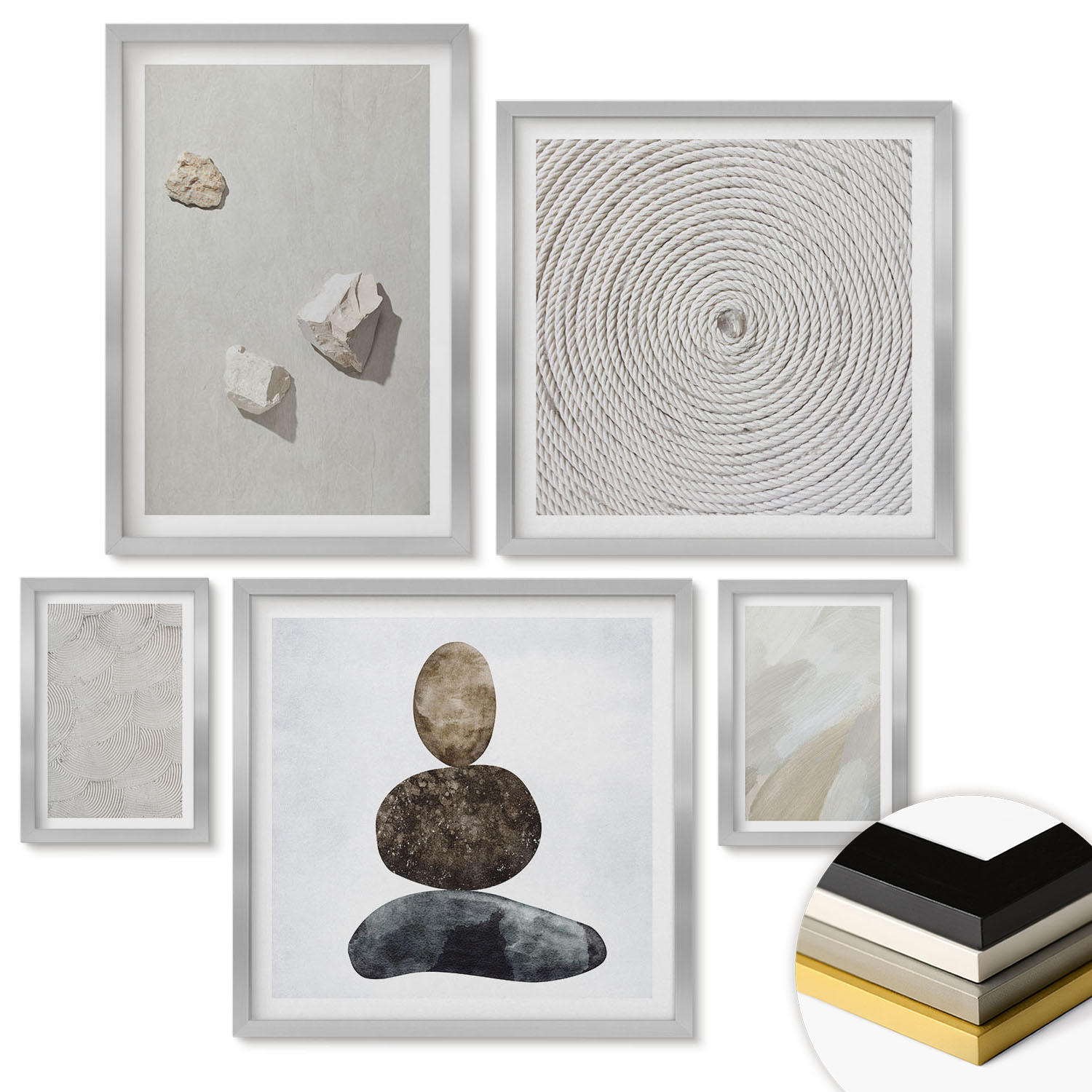 WANDBILDER 5er Set - 50x50 cm & 20x30 cm & 40x60 cm Silberner Rahmen - Sandsteine moderne Farbe - Silberfarben, Kunststoff (40/60cm) - ArtPrintCave