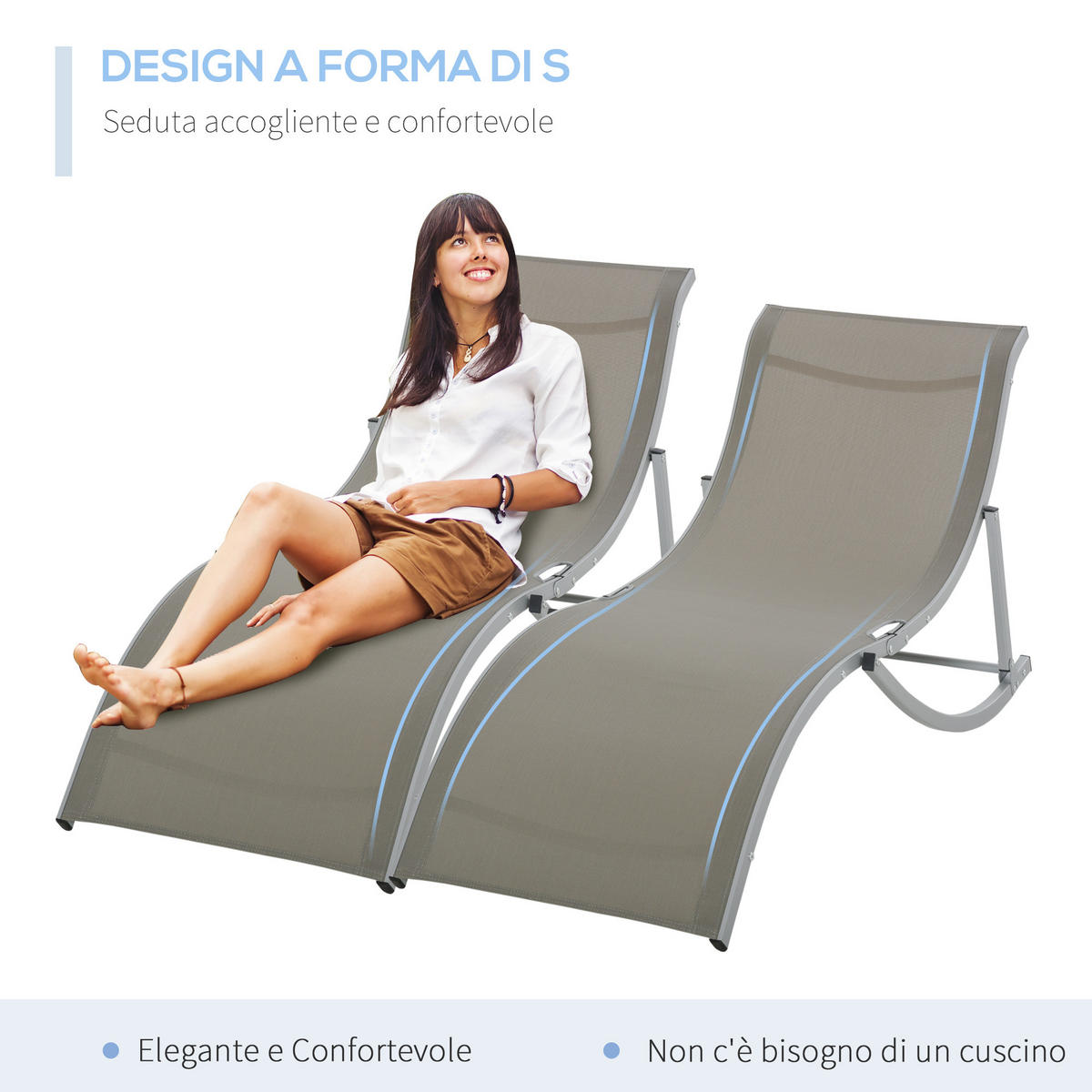 SONNENLIEGE Set mit 2 klappbaren 61 x 165 x 63 cm - Grau, Metall (165/63/61cm) - Vallsero
