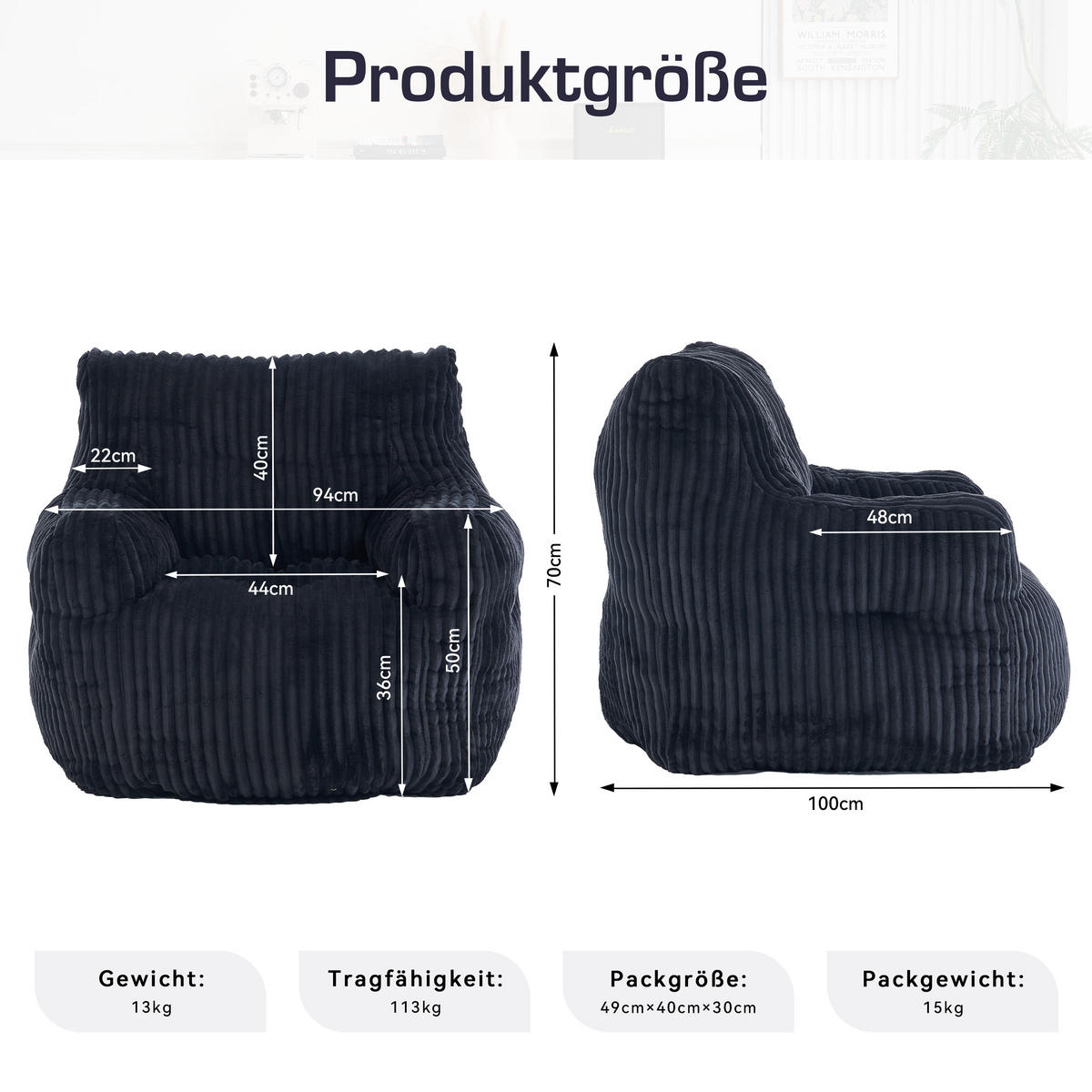 SESSEL weicher cord-stoff ergonomischer mit schaumstofffüllung - Schwarz, Textil (100/70/94cm) - Urban Meuble