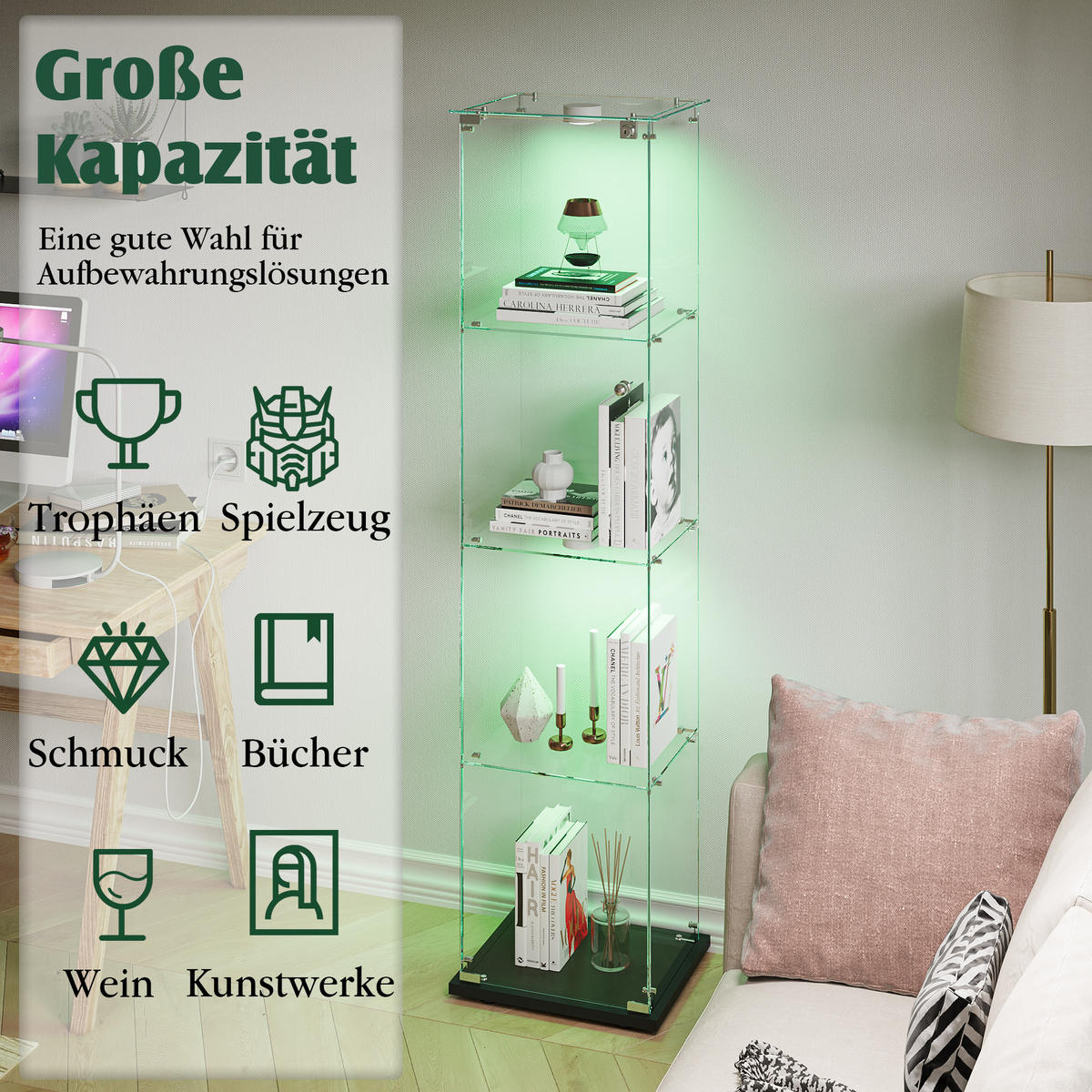 VITRINE Glas LED, 4 Regale, mit Schloss, für Wohn-, Schlaf & Esszimmer - Schwarz, Holz (35/163/39.8cm)