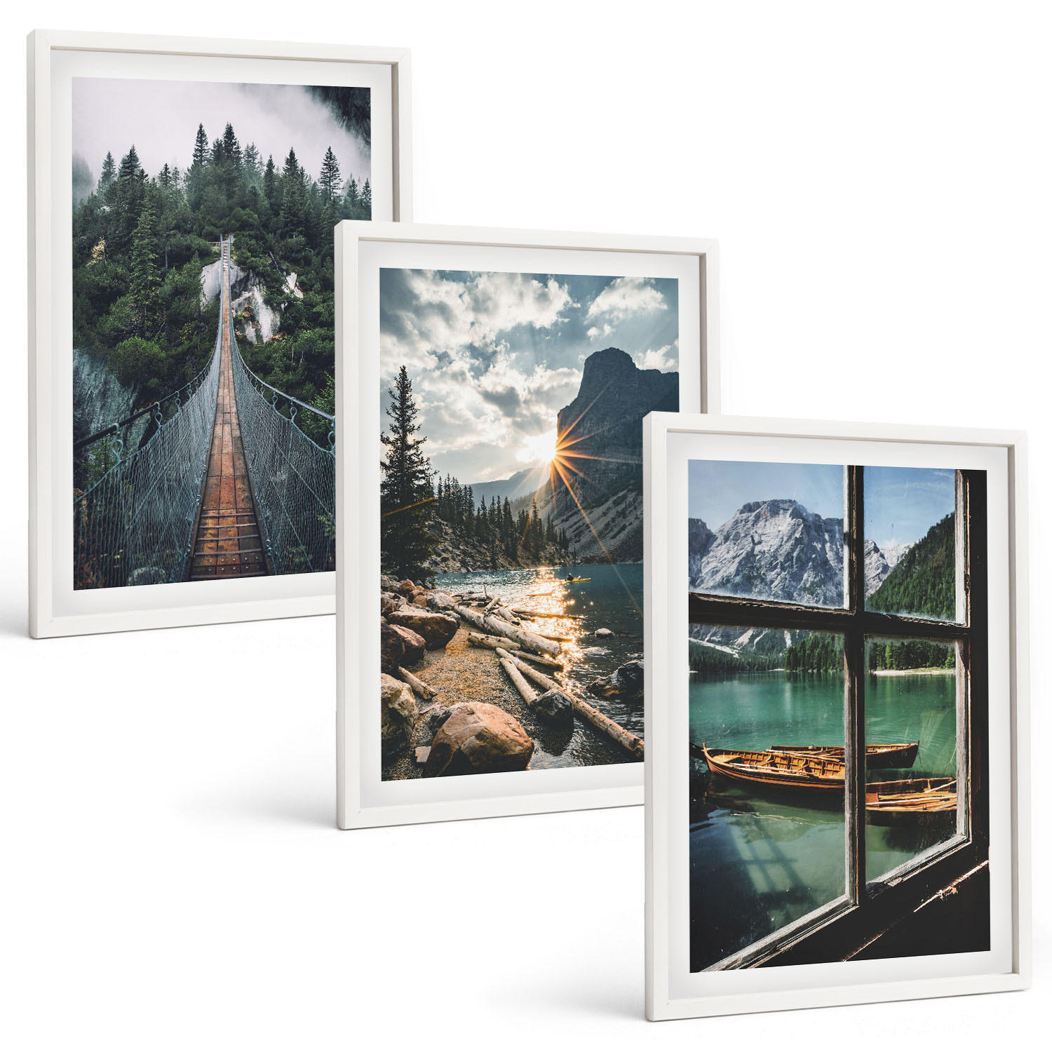 BILDER SET 3er Set - 40x60 cm Weißer Rahmen - Brücke, Wald, See, Boote, Berge - Weiß, Kunststoff (40/60cm) - TULUP