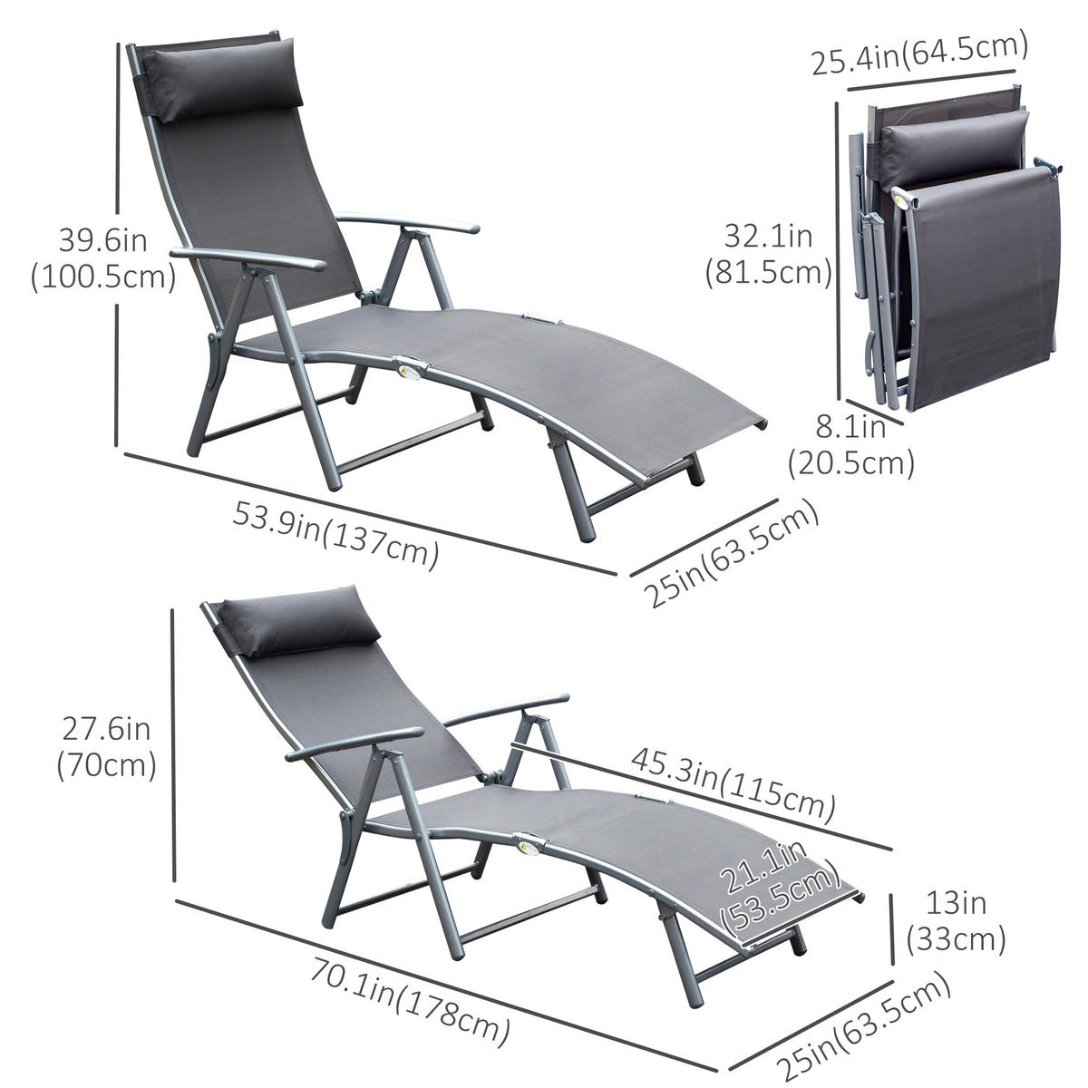 SONNENLIEGE KLAPPBAR DE-06608 7-fach verstellbare Rückenlehne, bis 165 kg Grau - Silberfarben, Metall (63.5/100.5/137cm) - ComfortXL