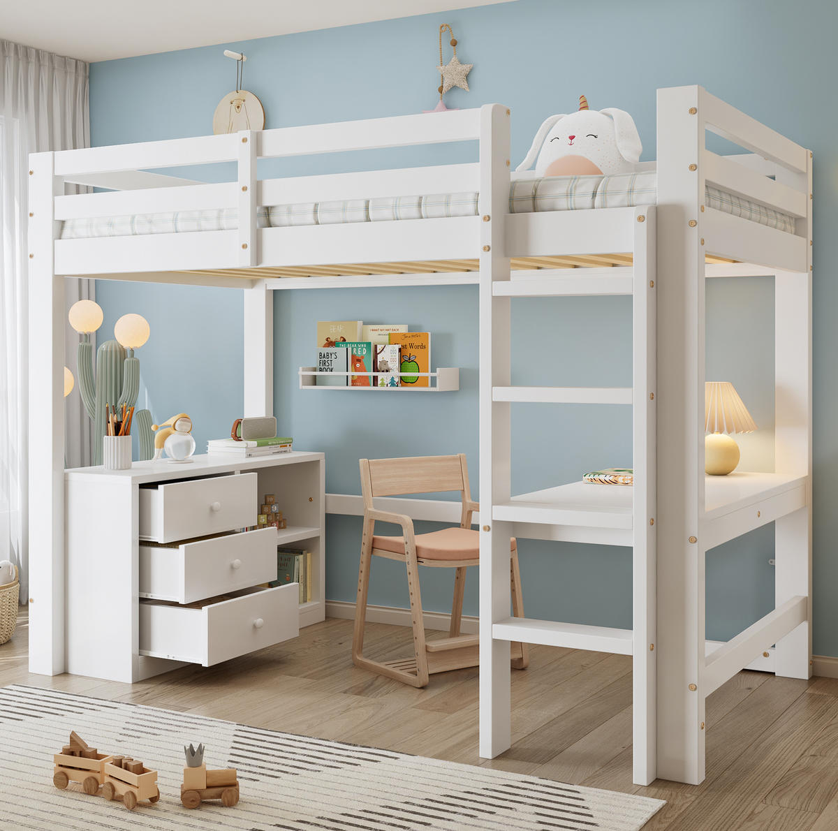 HOCHBETT 90/200 cm Weiß mit Schreibtisch und Stauraum ohne Matratze - Weiß, Holz (90/200cm) - MIVRAY