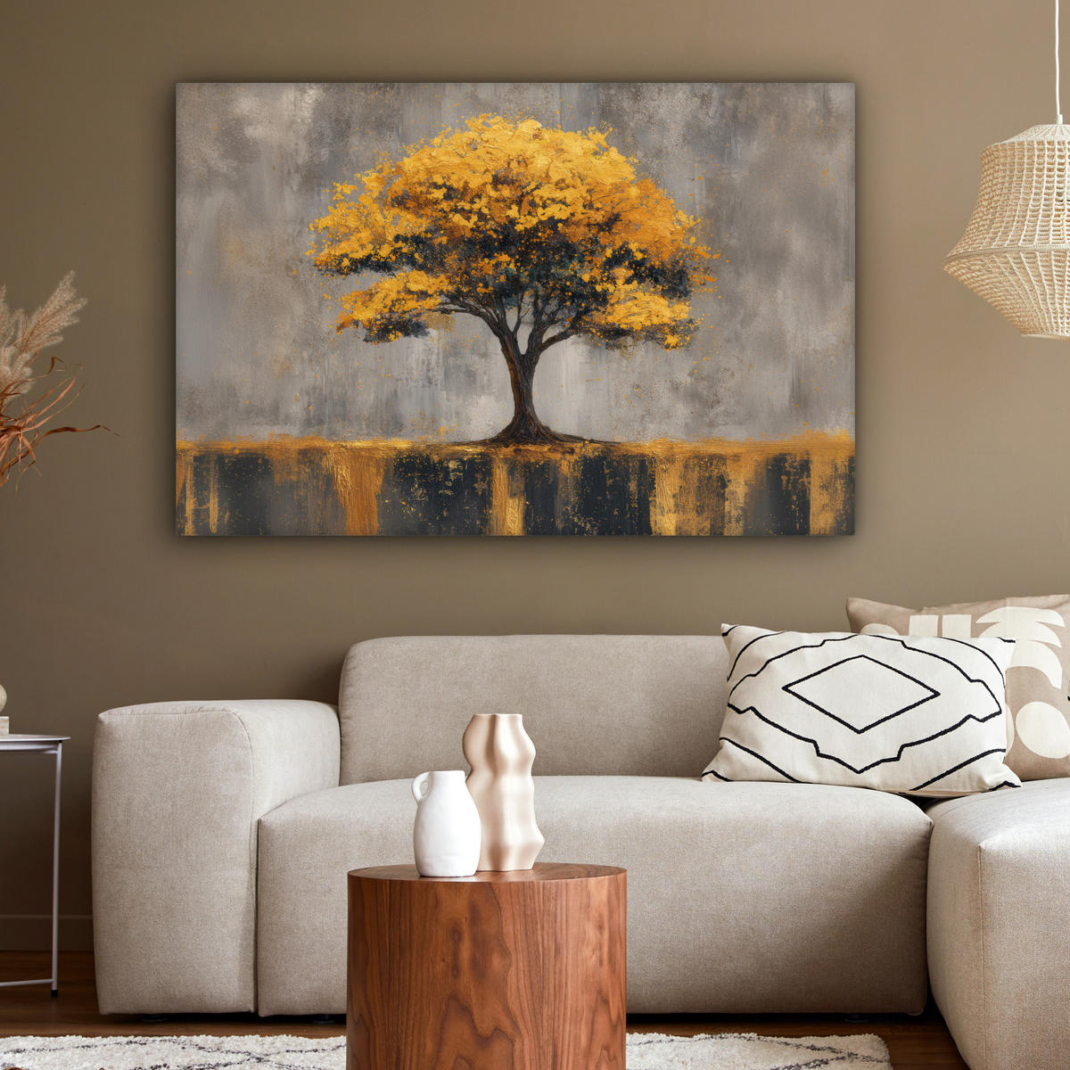 LEINWANDBILD Baum - Blätter - Gold - Abstrakt Wohnzimmer Groß 120x80 cm - Grau, Textil (120/80cm) - MuchoWow