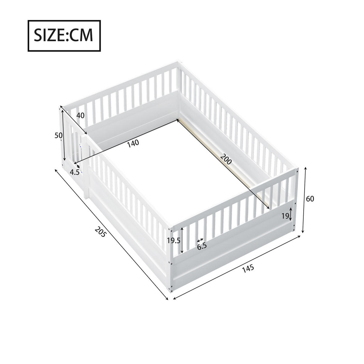 KINDERBETT 140/200 cm weiß aus Massivholz mit Zaun und Tür - Weiß, Holz (140/200cm) - OKWISH