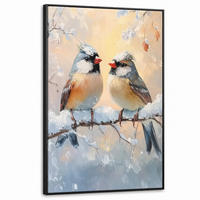 LEINWAND Bilder mit Rahmen - Vögel - Zweig - Winter - Schnee - 80x120 - Pastellblau, Textil (80/120cm) - MuchoWow