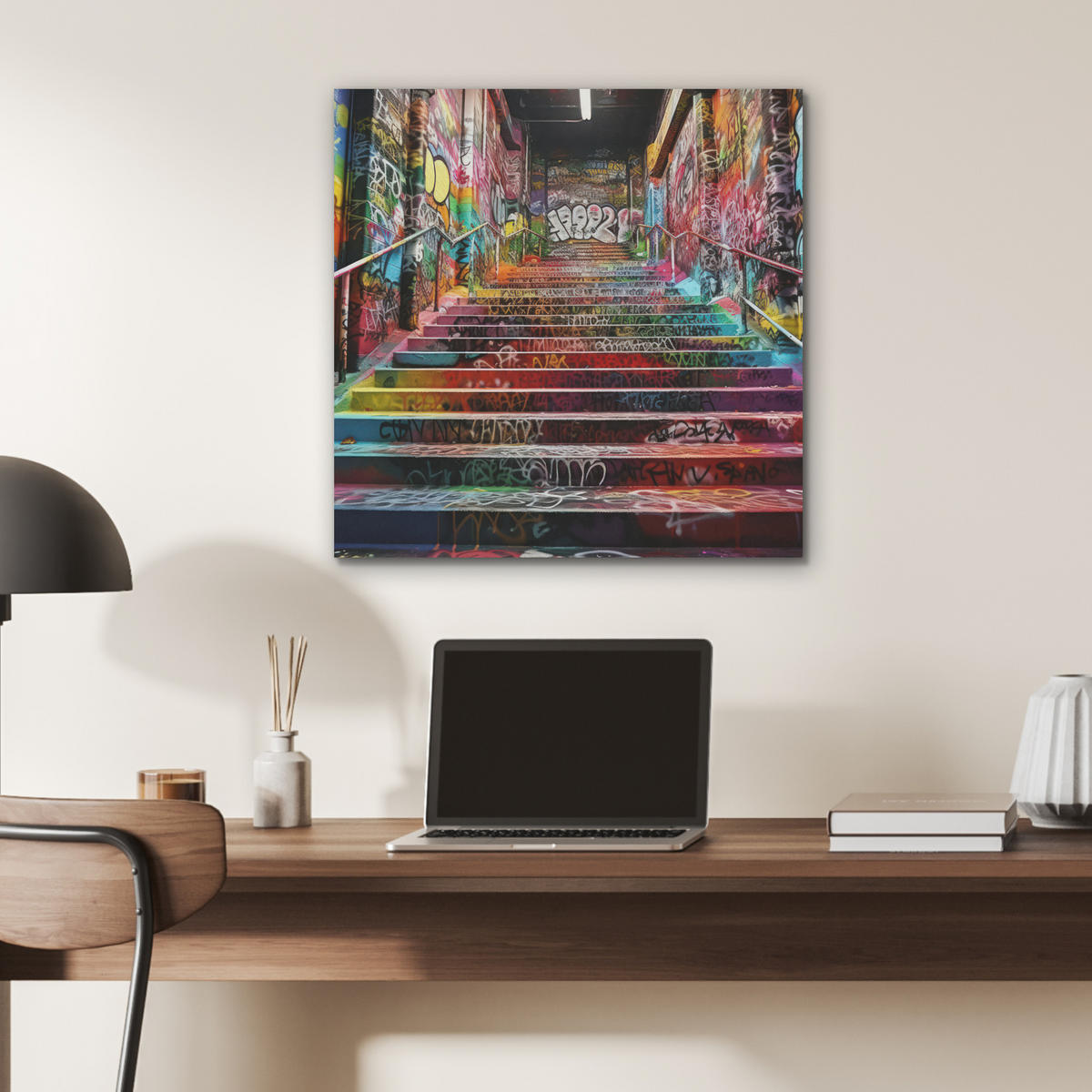 AKUSTIKBILD Treppe - Graffiti - Farben - Kunst Wandbilder 60x60 cm - Multicolor, Kunststoff (60/60/0.9cm) - MuchoWow