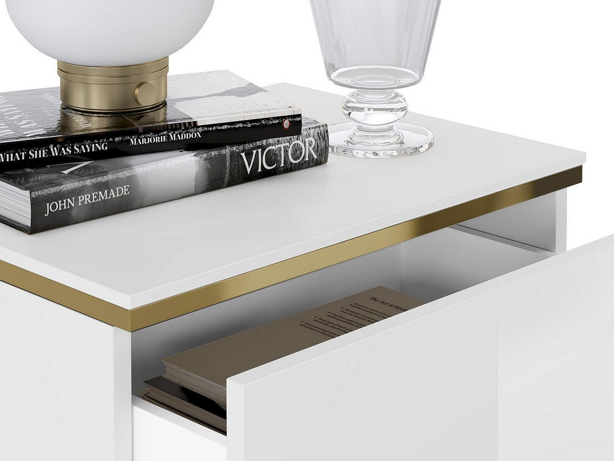 NACHTTISCH mit 2 Schubladen - Weiß glänzend & Goldfarben - VUKIA - Weiß, Holz (36.8/50/50cm) - Pascal Morabito