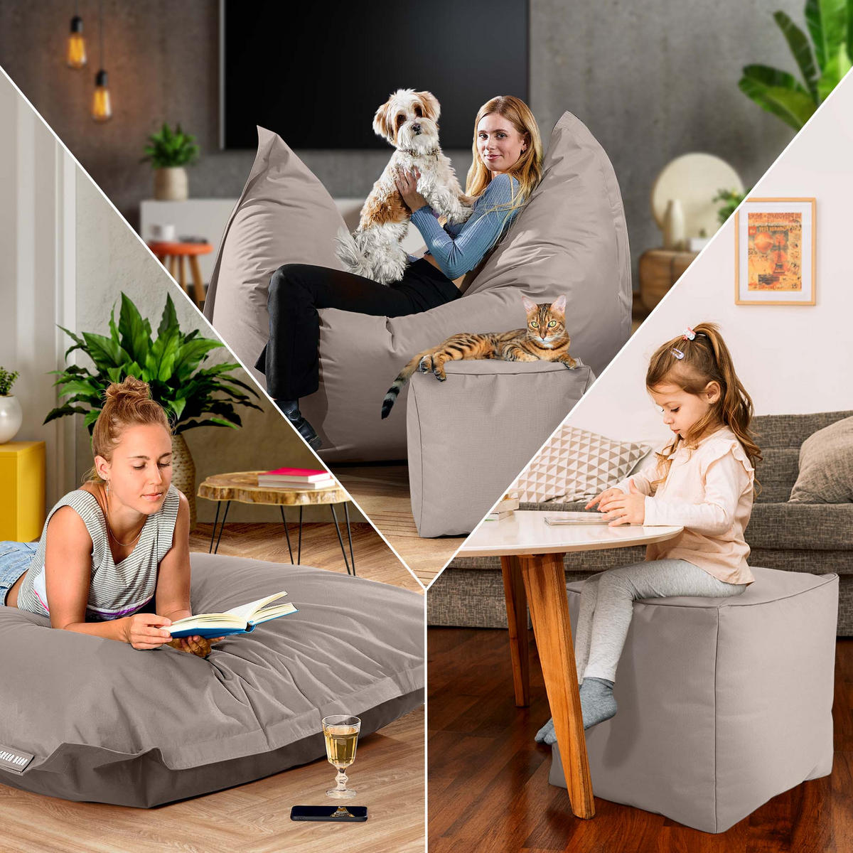 XXL-SITZSACK + Pouf 2er Set - 140x180cm - Beige, Textil (140/25/180cm) - Green Bean